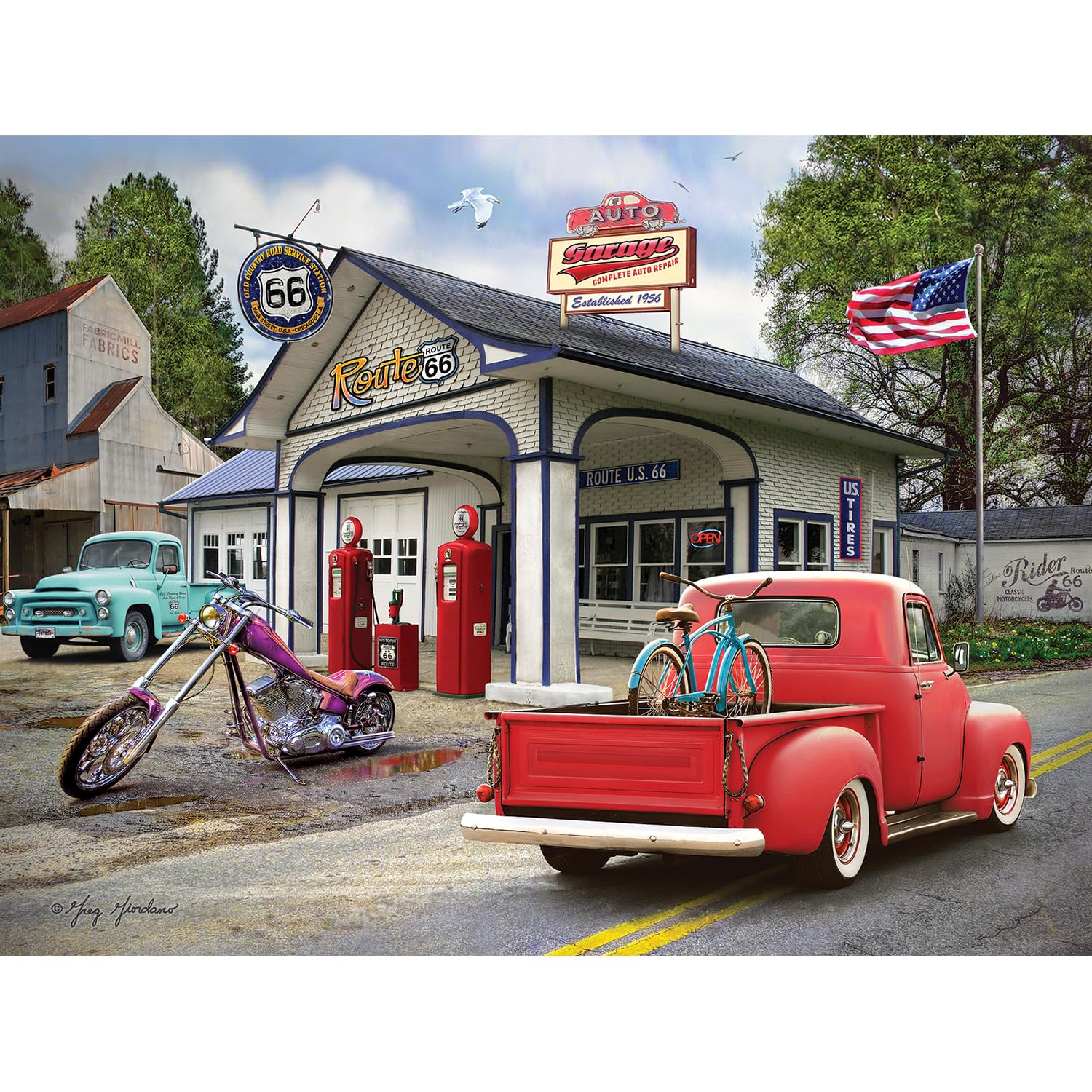 Bits and Pieces 300 Piece Puzzles for Adults - Nostalgic American Gas Station - 300 Large Pieces 18" x 24" Jigsaw Puzzles, Vintage Cars Summer Scene