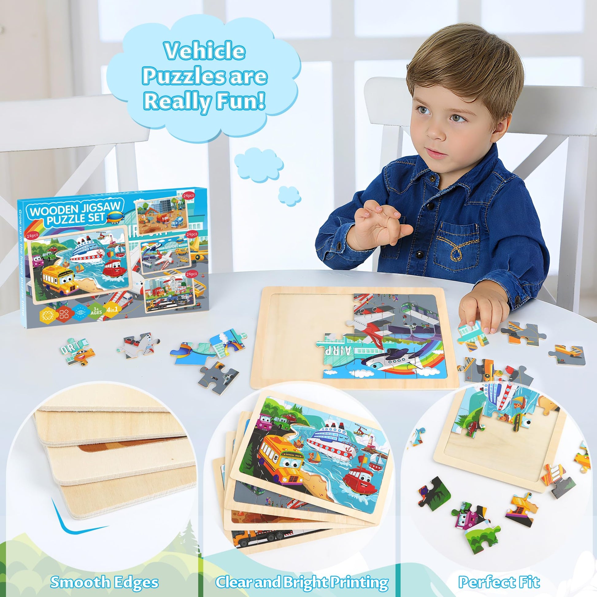 Wooden Puzzles for Kids Ages 3-5, 4 Packs Puzzles for Kids Ages 4-6,Vehicle