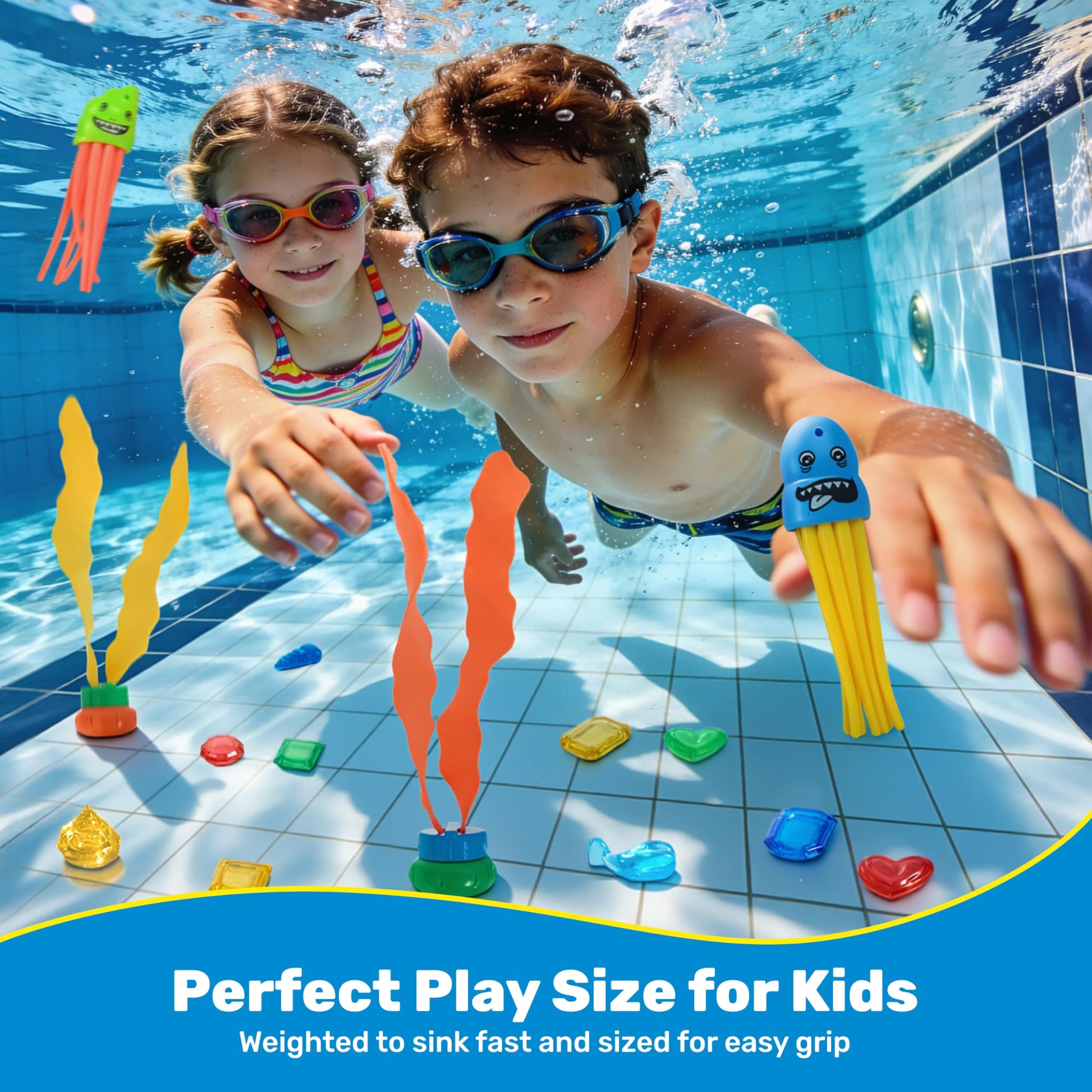 SYNCFUN Pool Toys Diving Rings,32PCS Swim Rings Pool Game Set Toys with Dive Ring Gem Seaweed Underwater Shark Jellyfish Water Swimming Toy for Kids