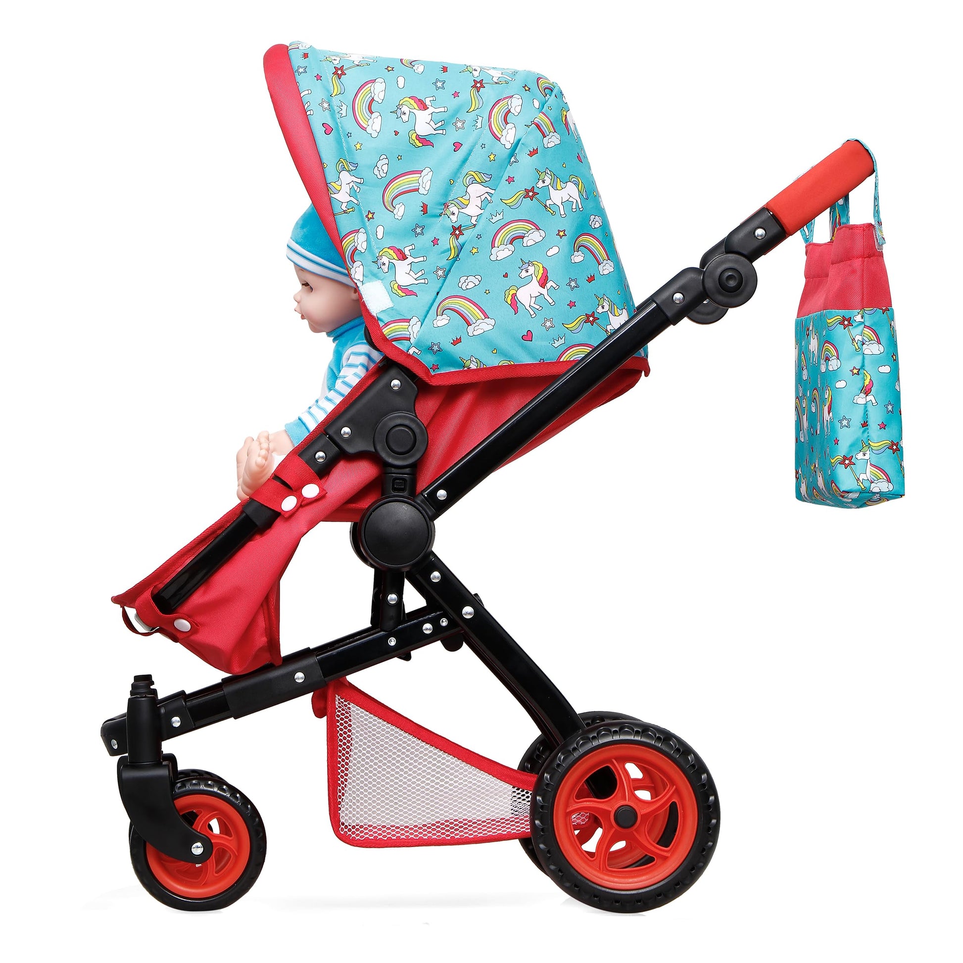 New - Fash n kolor® Baby Doll Stroller, Foldable Pram for Baby Doll - Cute Unicorn Design Doll Toy Stroller with Swiveling Wheel, Adjustable Handle
