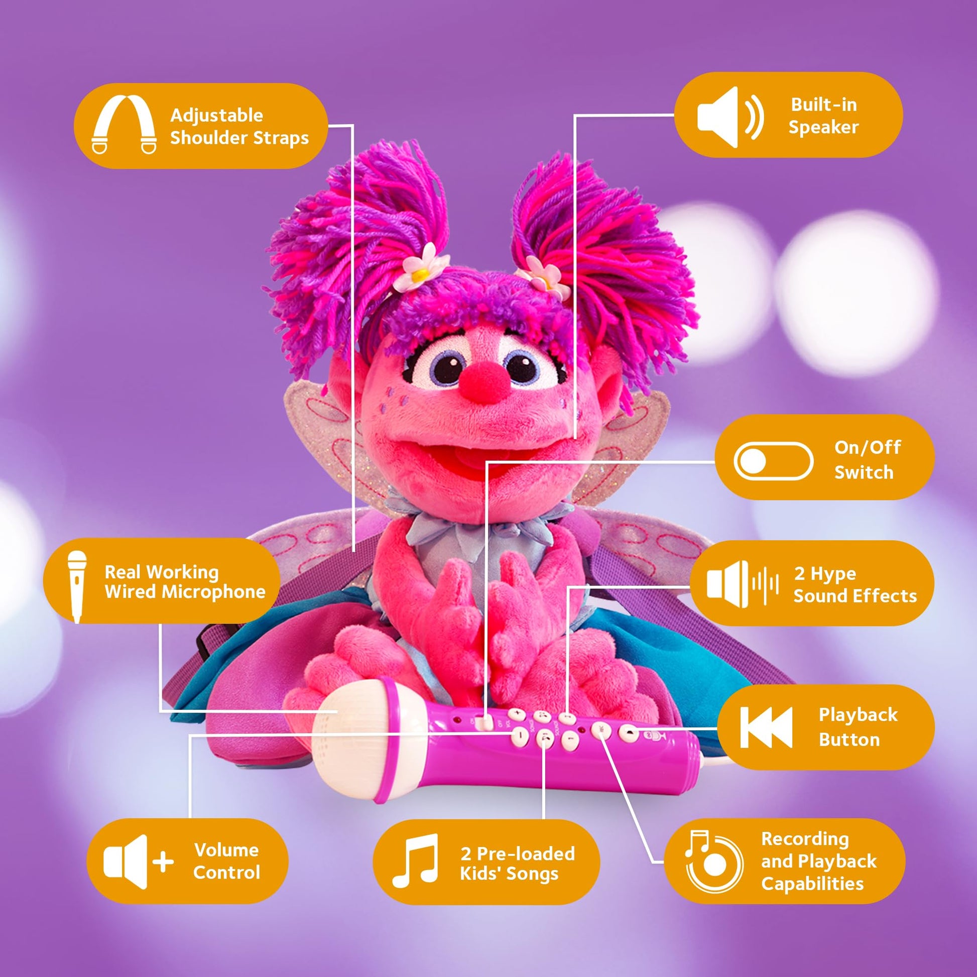 Singing Machine Karaoke Plush Sesame Street Toys (Abby Caddaby Plush Toy) - Adjustable Carrying Straps - Sing-Along Built-in Real Working Microphone &