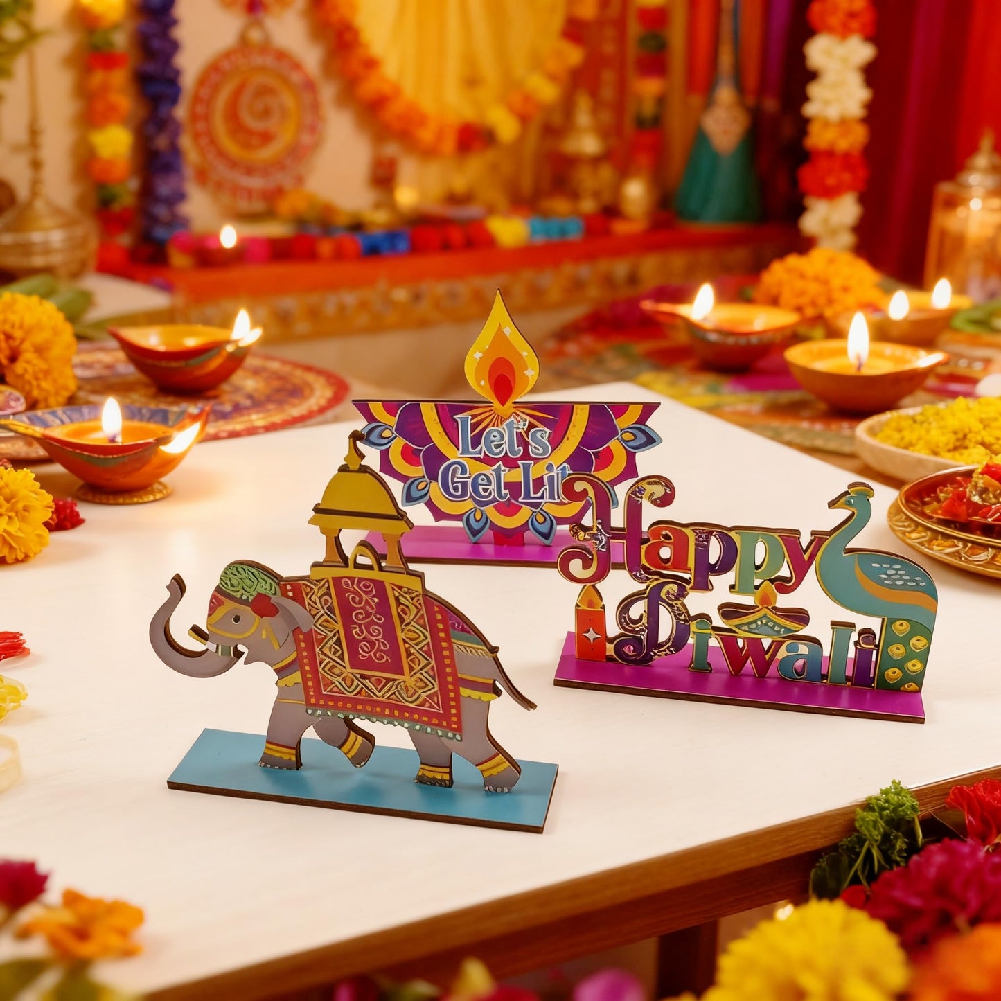 KYMY Diwali Wooden Table Decorations, 3 Pcs Deepavali Rangoli Wood Centerpieces, Festival of Lights Diyas Desktop Signs & Ornaments for Indian Hindu