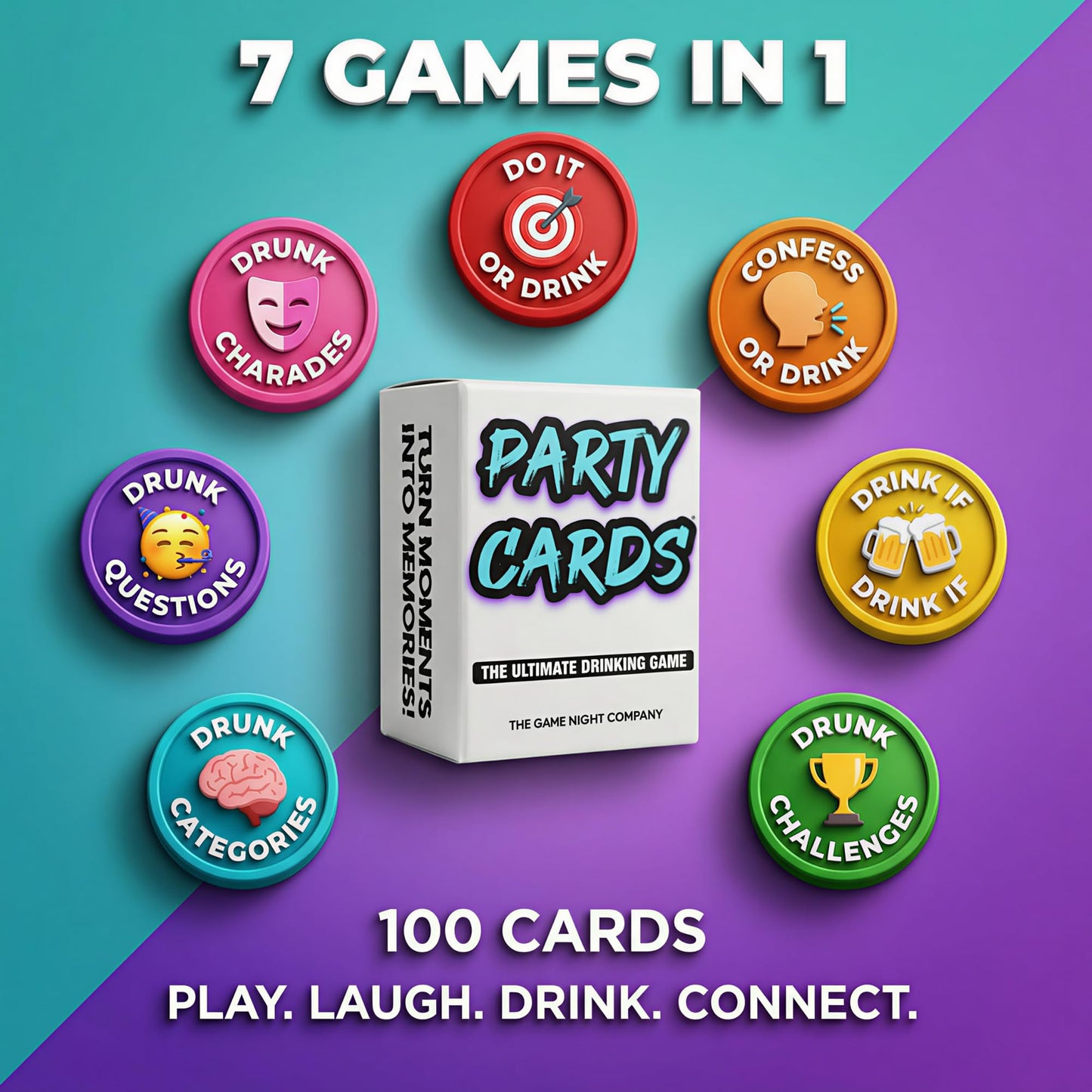 Party Cards - Fun Drinking Games for Adults | 100 Cards | 7 Games in 1 | Drink If, Dare, Confess & More | Card Game for Game Night, Girls Night