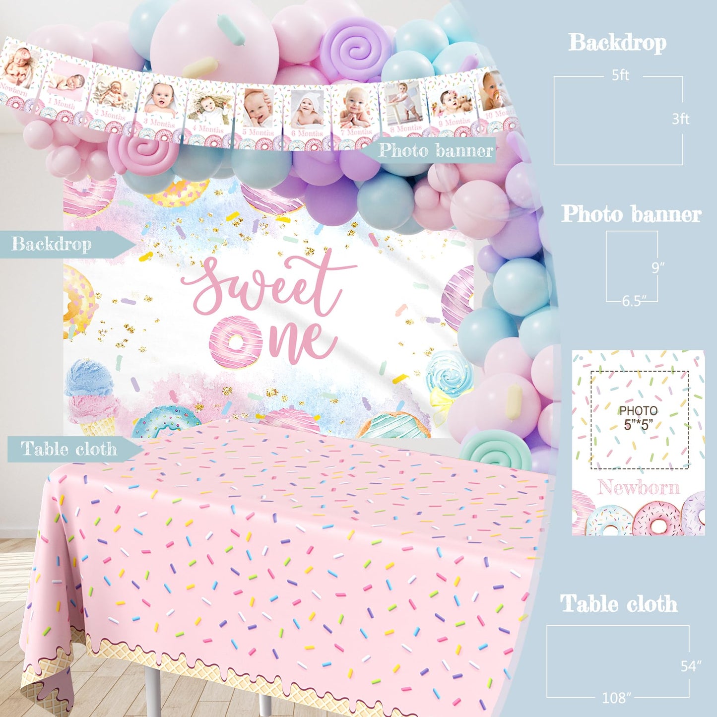 1st Birthday Decorations for Girl, 145pcs Sweet One Birthday Party Decorations Supplies, Donut 1st Birthday- Decoration Girl, Ice Cream Candy First