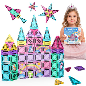 LAYVIC 60PCS Mini Magnetic Tiles Unicorn Toys for Girls Age 4-6, Travel Toys Magnet Tiles Magnetic Blocks, STEM Building Toys for Kids Ages 3 4 5 6 7