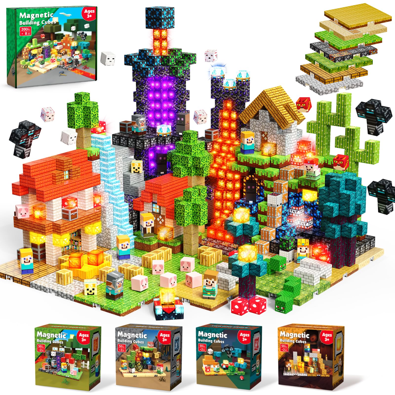 ToyUnited 4-in-1 Magnetic Blocks with 24 Light Up Blocks, 200PCS Magnetic Building Blocks with 8 Base Plates, Screen-Free Magnetic Building Cubes Toy