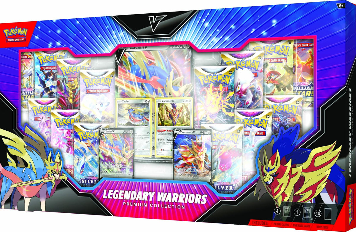 Pokemon TCG: Legendary Warriors Premium Collection Box, Zacian Zamazemta Promos, Gift for Kids, 14 Booster Packs from Sword & Shield