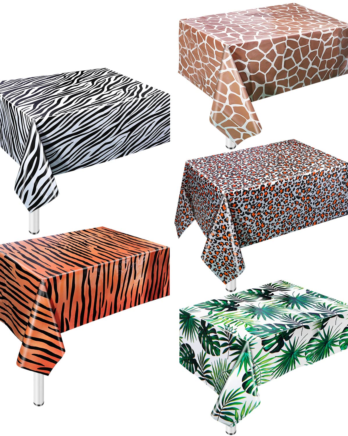 5 Pack Animal Safari Tablecloth,Zoo Print Table Cover,Jungle Animal Theme Leopard Tiger Zebra Giraffe Palm Leaf Print Tablecloth Party Supplies