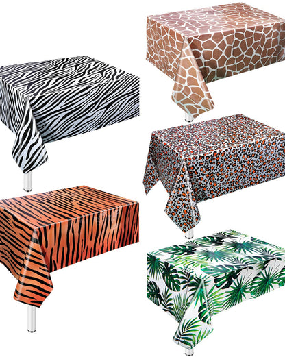5 Pack Animal Safari Tablecloth,Zoo Print Table Cover,Jungle Animal Theme Leopard Tiger Zebra Giraffe Palm Leaf Print Tablecloth Party Supplies