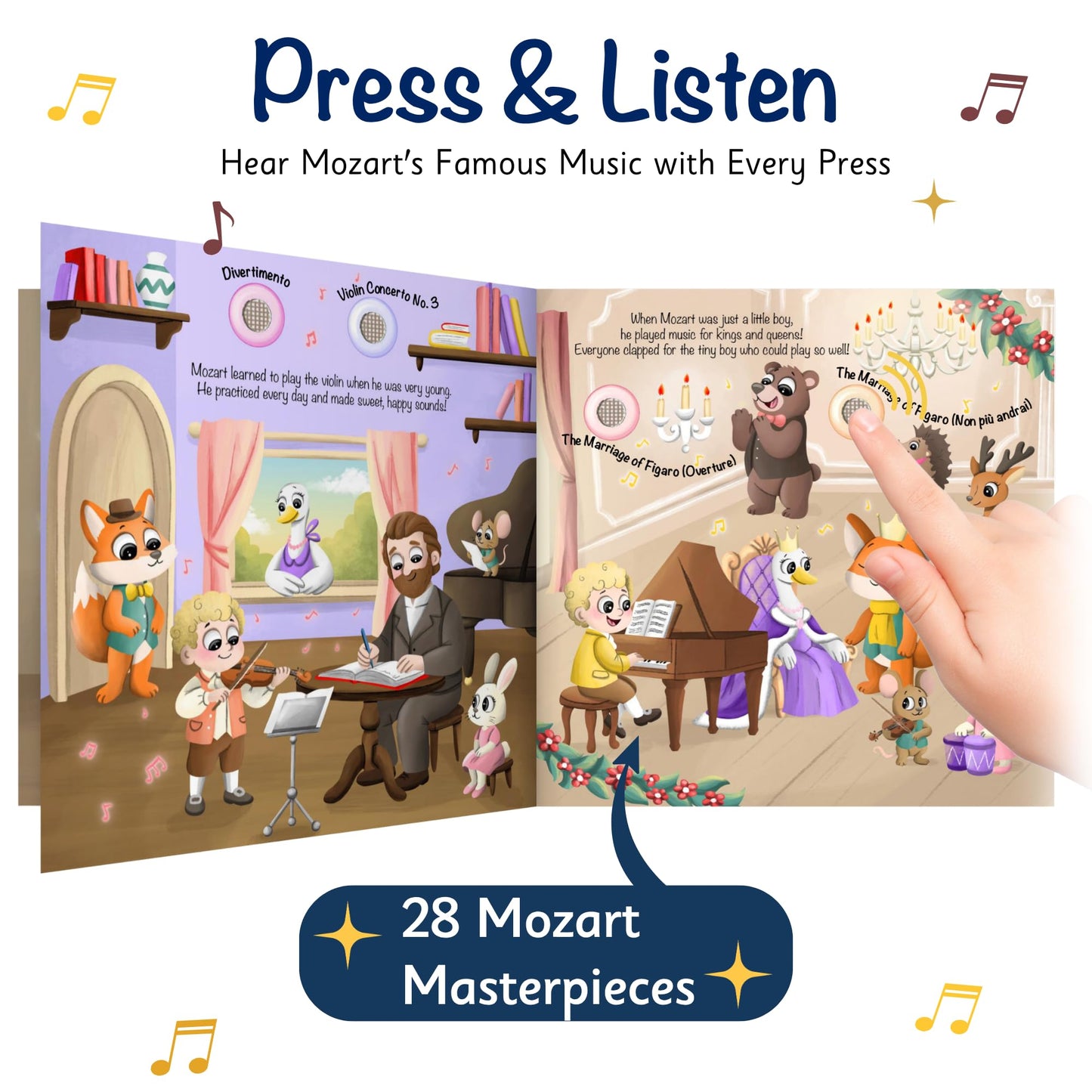 LITTLE MAESTRO Discover Mozart - 28 Timeless Masterpieces, Musical Books for Toddlers, 28-Button Music Book, Musical Toys for Toddlers 1-3