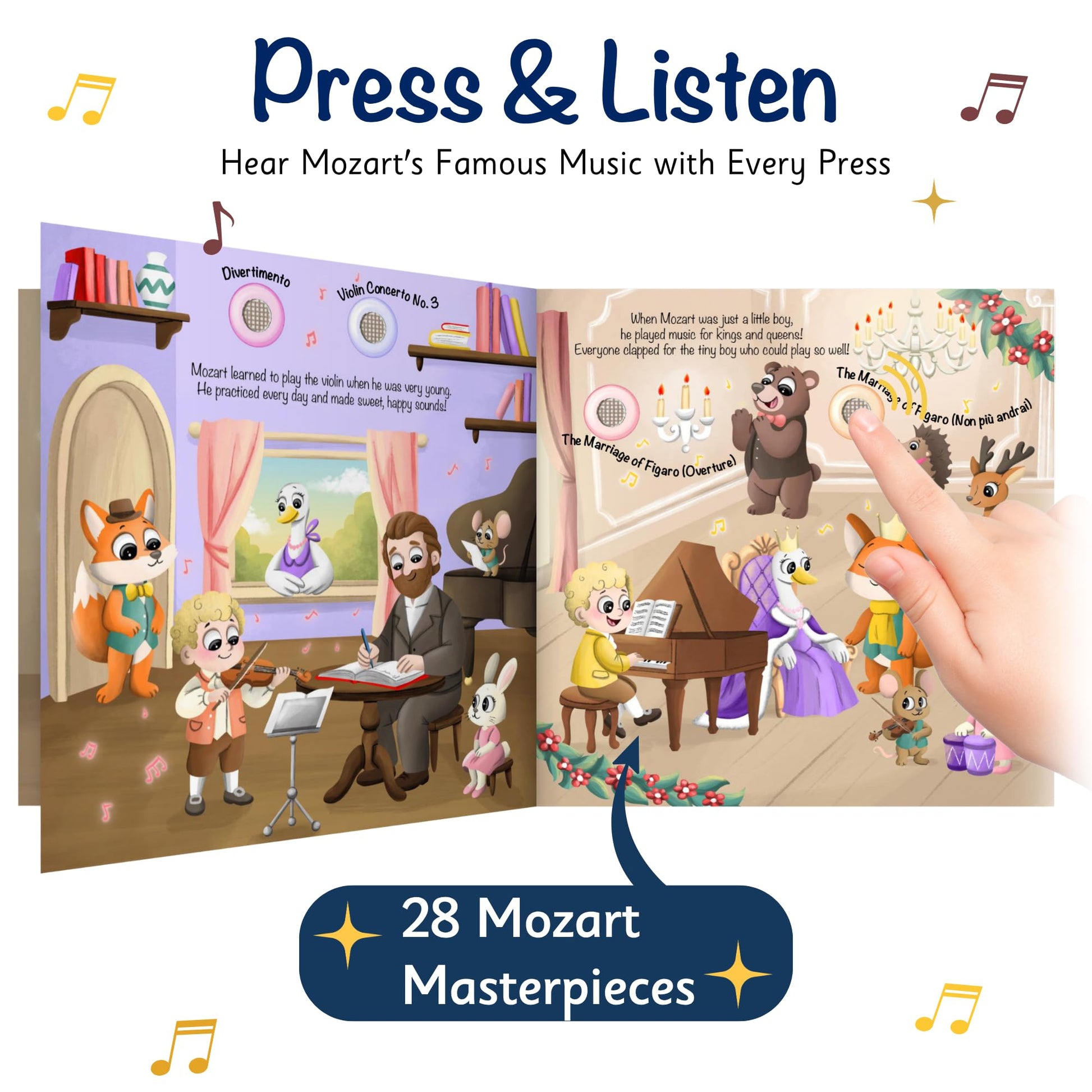 LITTLE MAESTRO Discover Mozart - 28 Timeless Masterpieces, Musical Books for Toddlers, 28-Button Music Book, Musical Toys for Toddlers 1-3