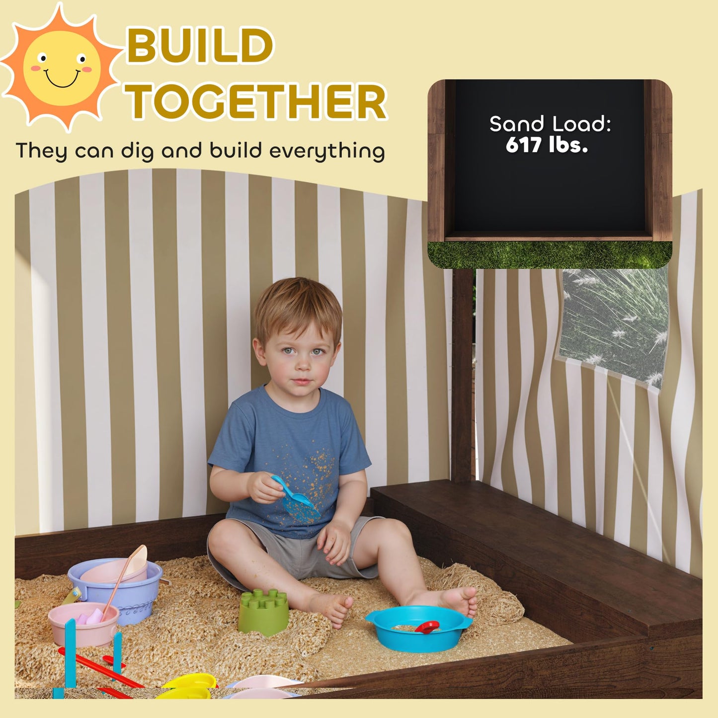 Qaba Kids Wooden Sandbox with Canopy, Large Wood Sand Pit, Mesh Door, Brown
