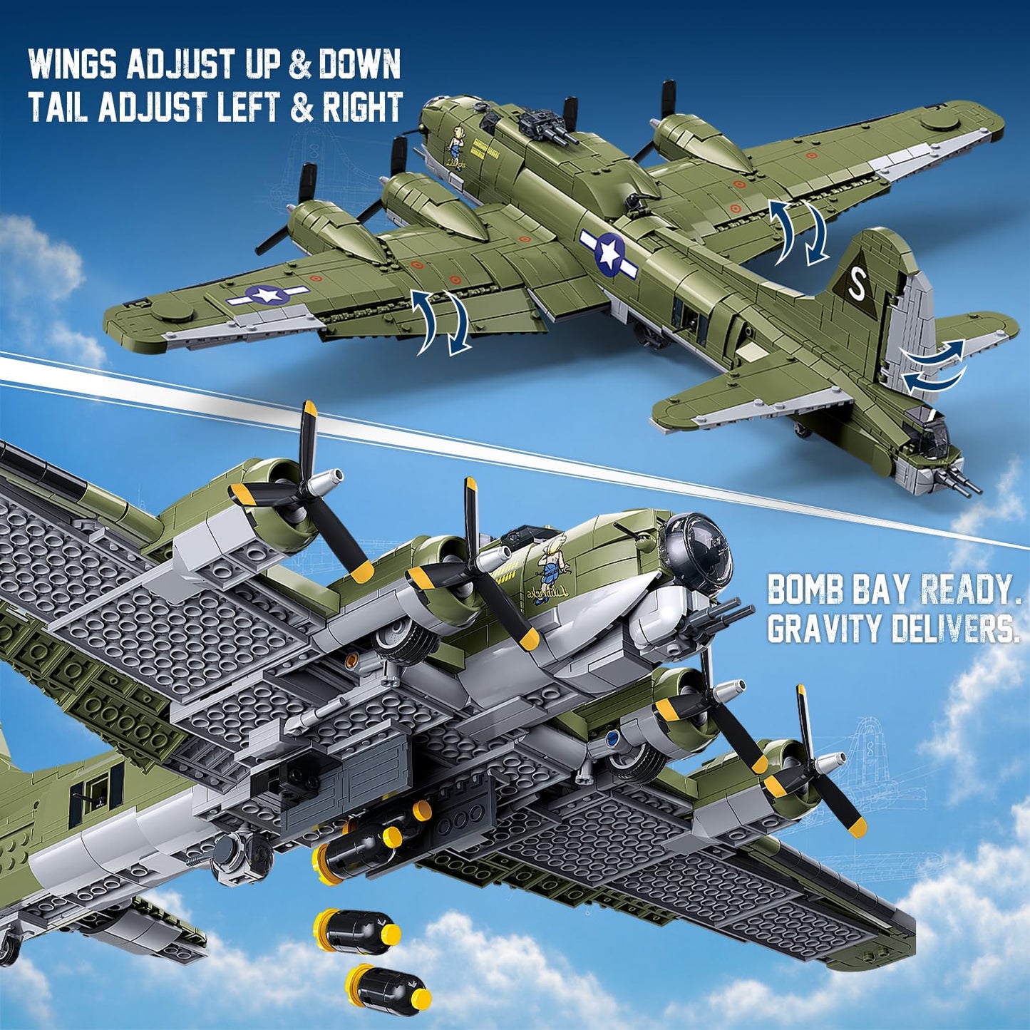 Sluban B-17 Flying Fortress Bomber Plane Building Blocks Set, 1270PCS WW2 Classic Military Fighter Aircraft Models with Display Stand, Army Airplane