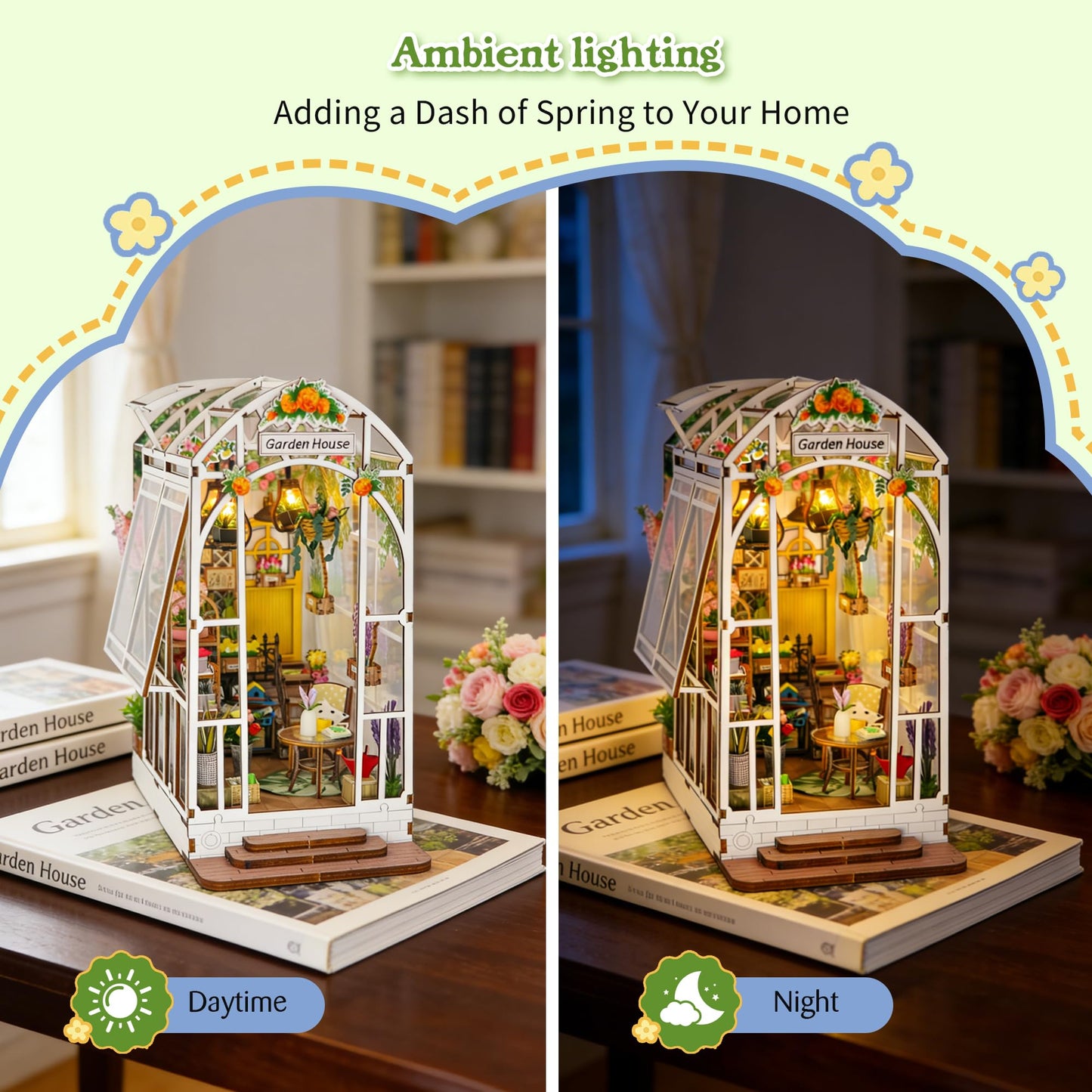 DIY Book Nook, Miniature House Kit with LED Lights (Garden House)