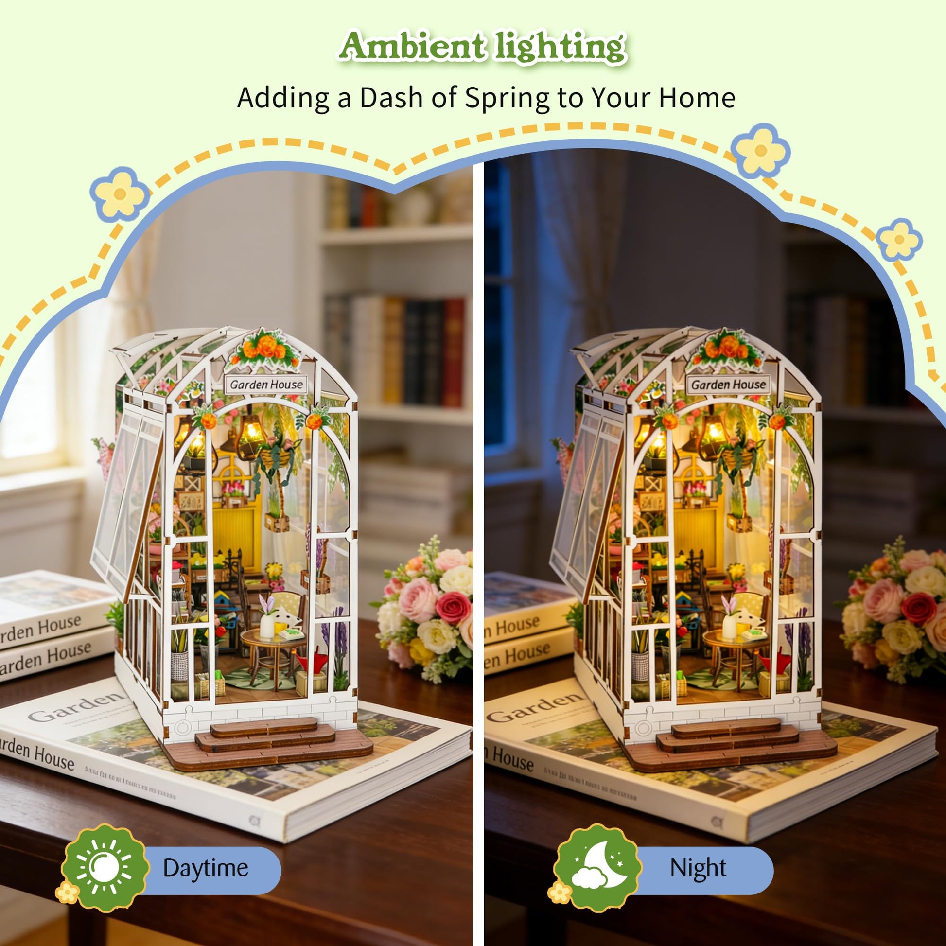 DIY Book Nook, Miniature House Kit with LED Lights (Garden House)