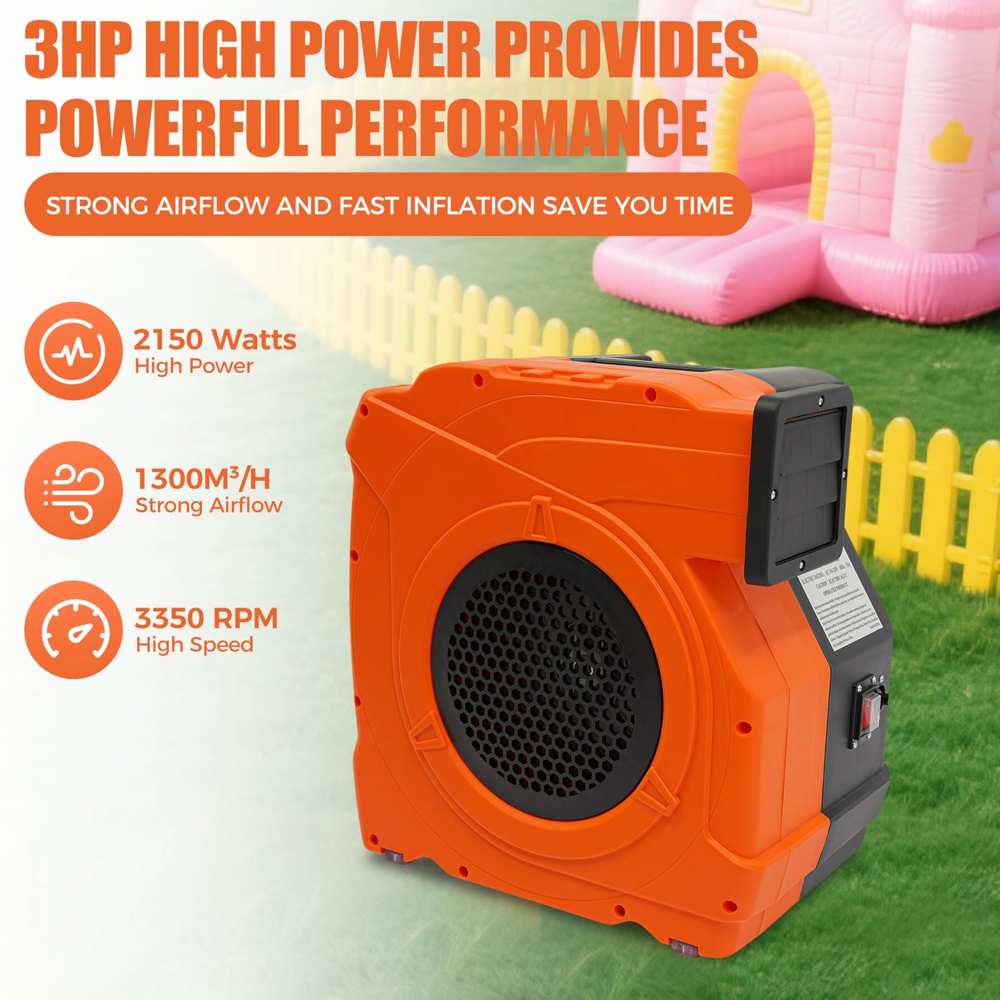 Poggyyi 3HP Inflatable Bounce House Blower, 2150W Commercial Air Blower for Large Water Slides Inflatable Castle Jump Slides, Air Blower