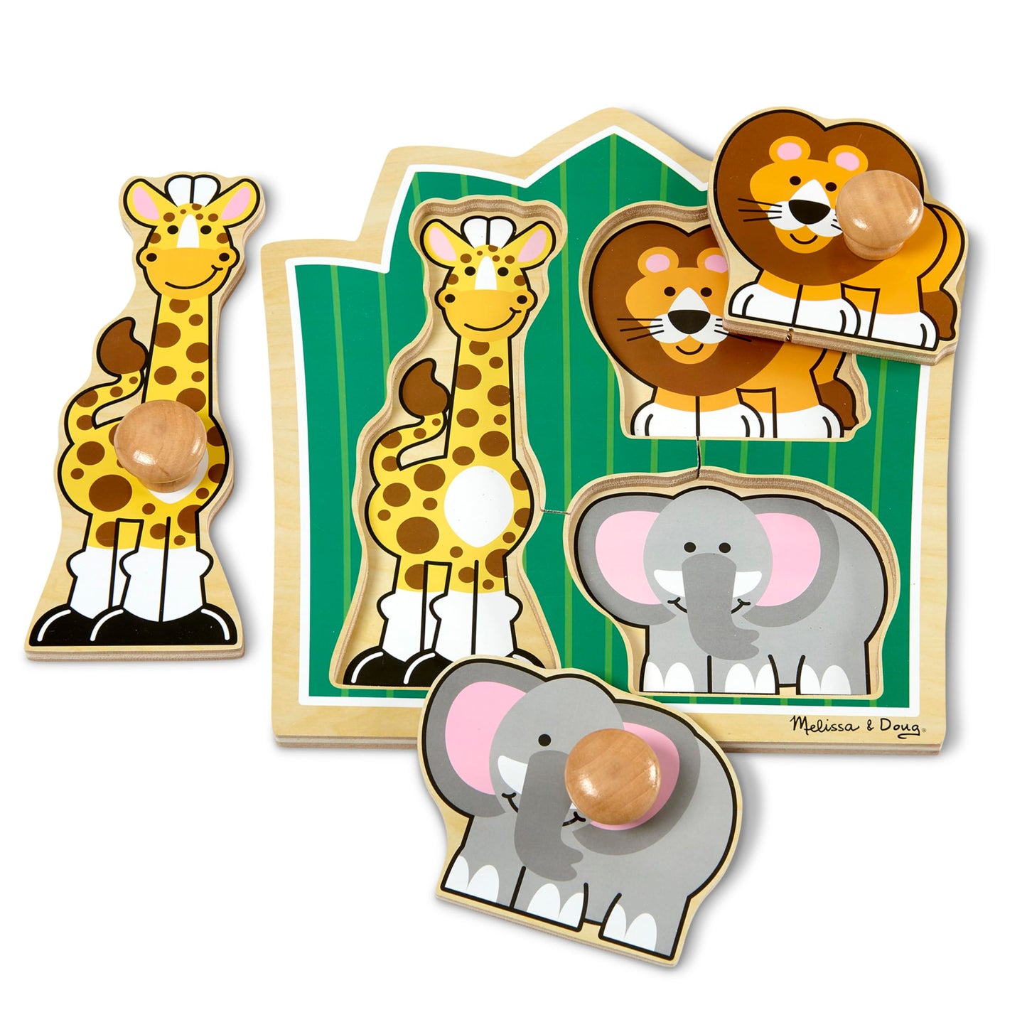 Melissa & Doug Jungle Friends Safari Animals Jumbo Knob Puzzle, Wooden Peg Puzzle for Toddlers, Educational Toy for Shape Recognition and Fine Motor