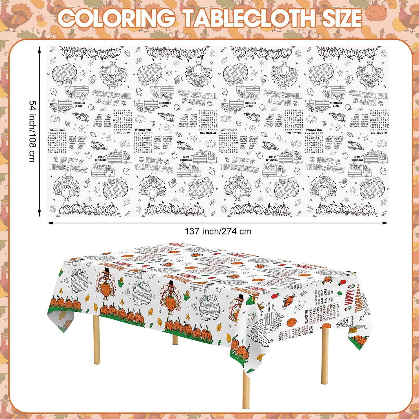 Happy Thanksgiving Coloring Tablecloth for Kids-Giant Thanksgiving Paper Activity Table Cover, Jumbo Fall Turkey Coloring Games Poster Crafts