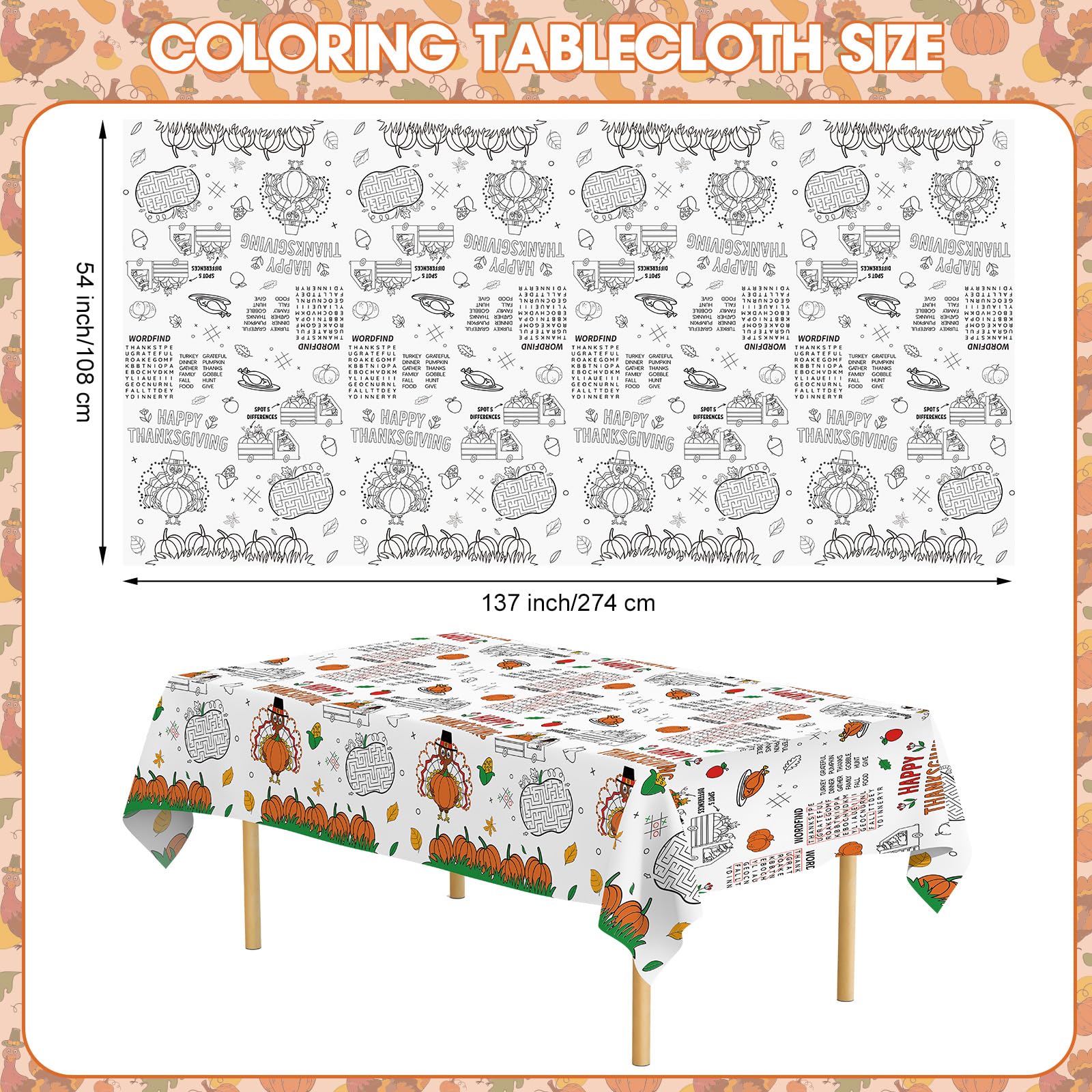Happy Thanksgiving Coloring Tablecloth for Kids-Giant Thanksgiving Paper Activity Table Cover, Jumbo Fall Turkey Coloring Games Poster Crafts