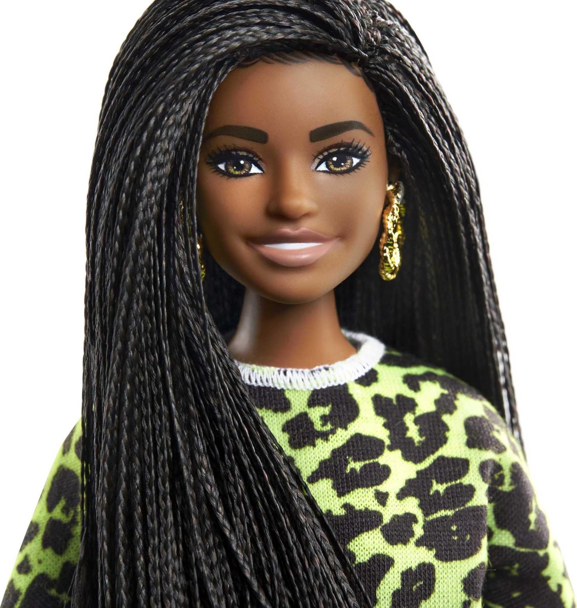 Barbie Fashionistas Doll #144 with Long Brunette Braids Wearing Neon Green Animal-Print Top, Pink Shorts, White Sandals & Earrings, Toy for Kids 3 to