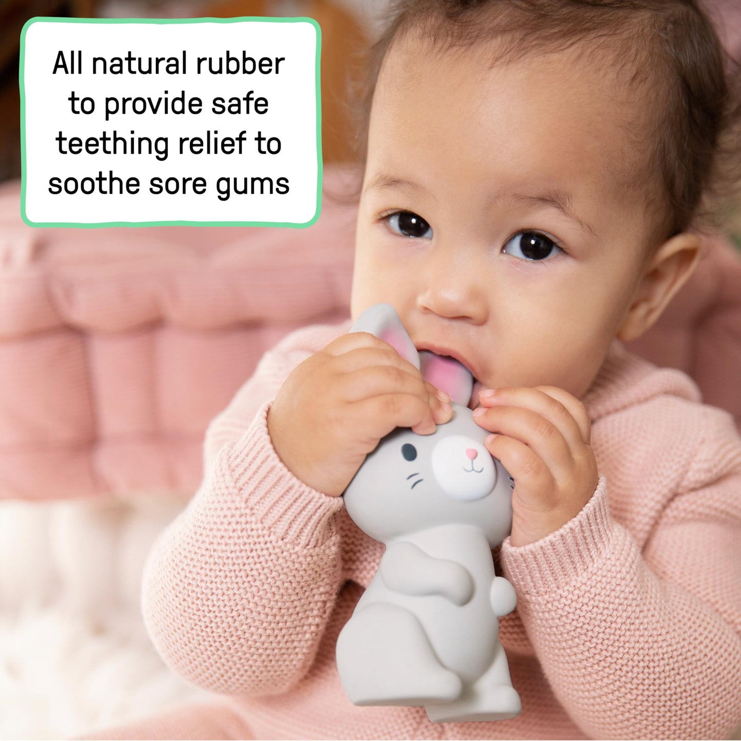 Sylvi Natural Rubber Baby Teether Toy, Rabbit Teething Toy for Sore Gums 0-6 Months, Soft Sensory Chew Toy Easy to Grasp for Infants 0+ Months, Gender