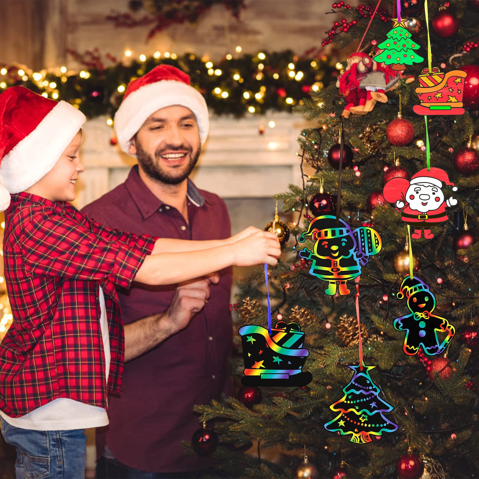 Max Fun Christmas Crafts Scratch Art for Kids, 96PCS Ornaments Rainbow Magic Color Scratch Off Cards Paper Hanging Art Craft Supplies Educational Toys