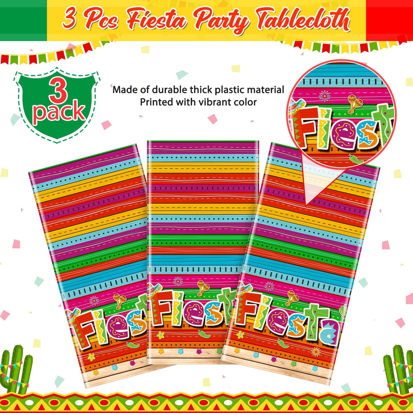 Jectivs 3 Pieces Mexican Fiesta Party Tablecloth Decorations,Plastic Cinco De Mayo Printed Table Cloth Table Cover for Fiesta Taco Night Birthday