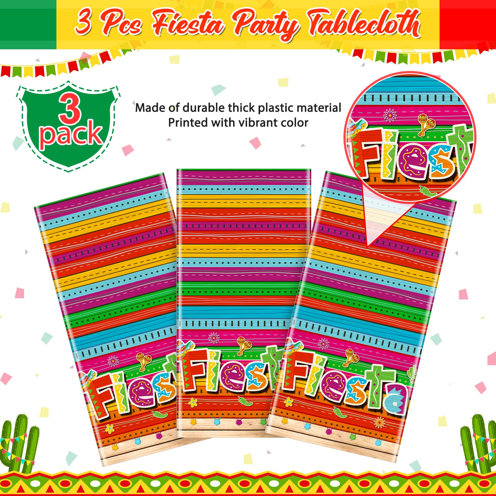 Jectivs 3 Pieces Mexican Fiesta Party Tablecloth Decorations,Plastic Cinco De Mayo Printed Table Cloth Table Cover for Fiesta Taco Night Birthday