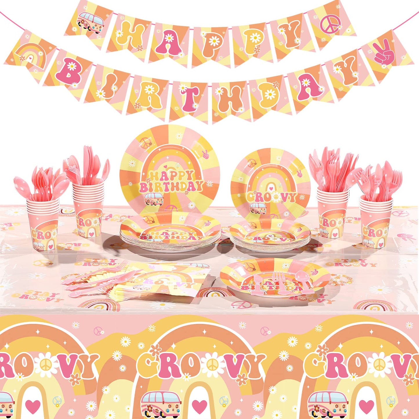 189 Pcs Two Groovy Birthday Party Tableware Set, Groovy Boho Hippie Daisy Tablecloth 24 Guests Dinner Plates Dessert Plates Cups and Napkins for Girl