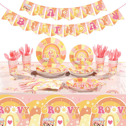 189 Pcs Two Groovy Birthday Party Tableware Set, Groovy Boho Hippie Daisy Tablecloth 24 Guests Dinner Plates Dessert Plates Cups and Napkins for Girl