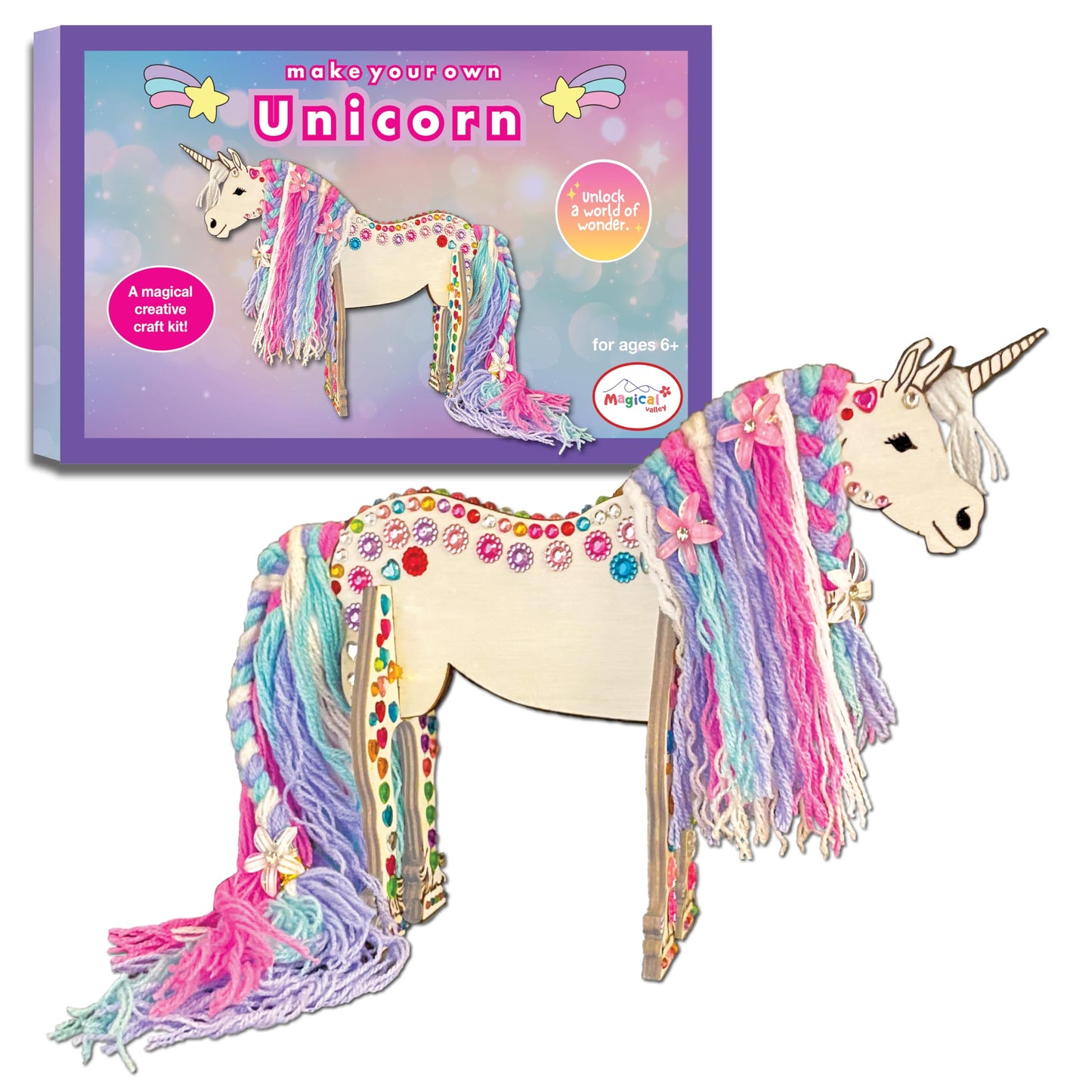 Magical Valley Unicorn Craft Kit for Kids, DIY Wooden Unicorn Craft with Yarn & Accessories, Arts & Crafts Kit, Creative Activity, Birthday Party