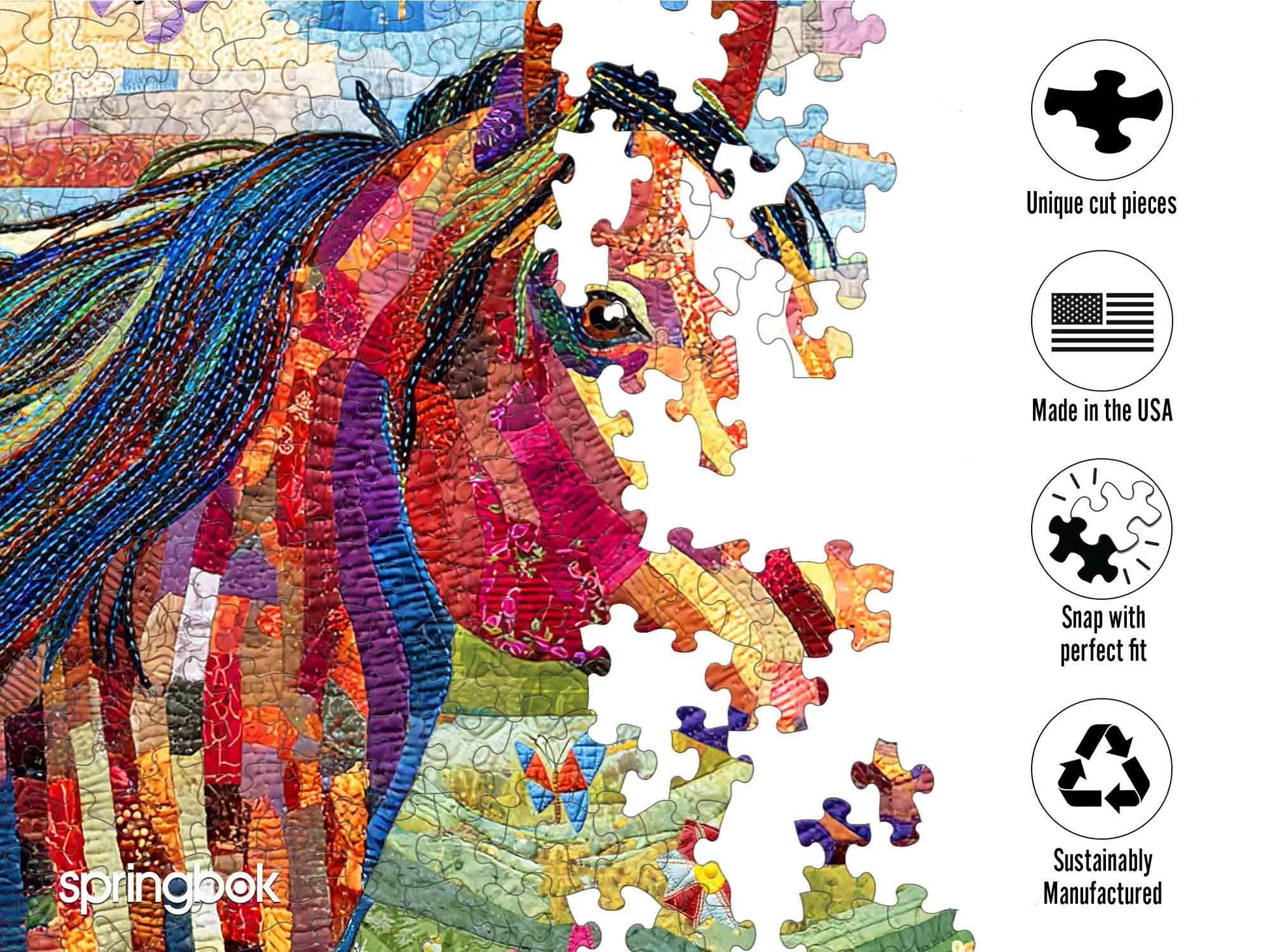 Springbok Patchwork Pony 1000 Piece Jigsaw Puzzle for Adults - Quilted Horse in Meadow - Unique Cut Pieces - Made in USA