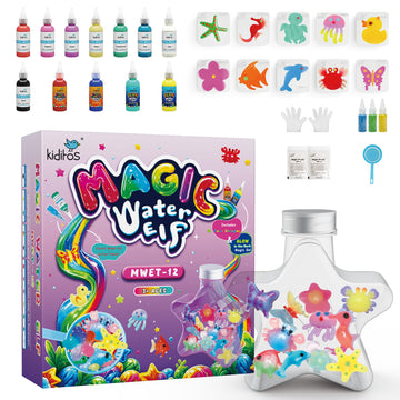 Kiditos Magic Water Elf Toy Squishy Making Kit - Glow-in-the-Dark, Color-Changing & 3 Glitter Powder - 12 Gels, 10 Molds, Jar with Lid - DIY Water