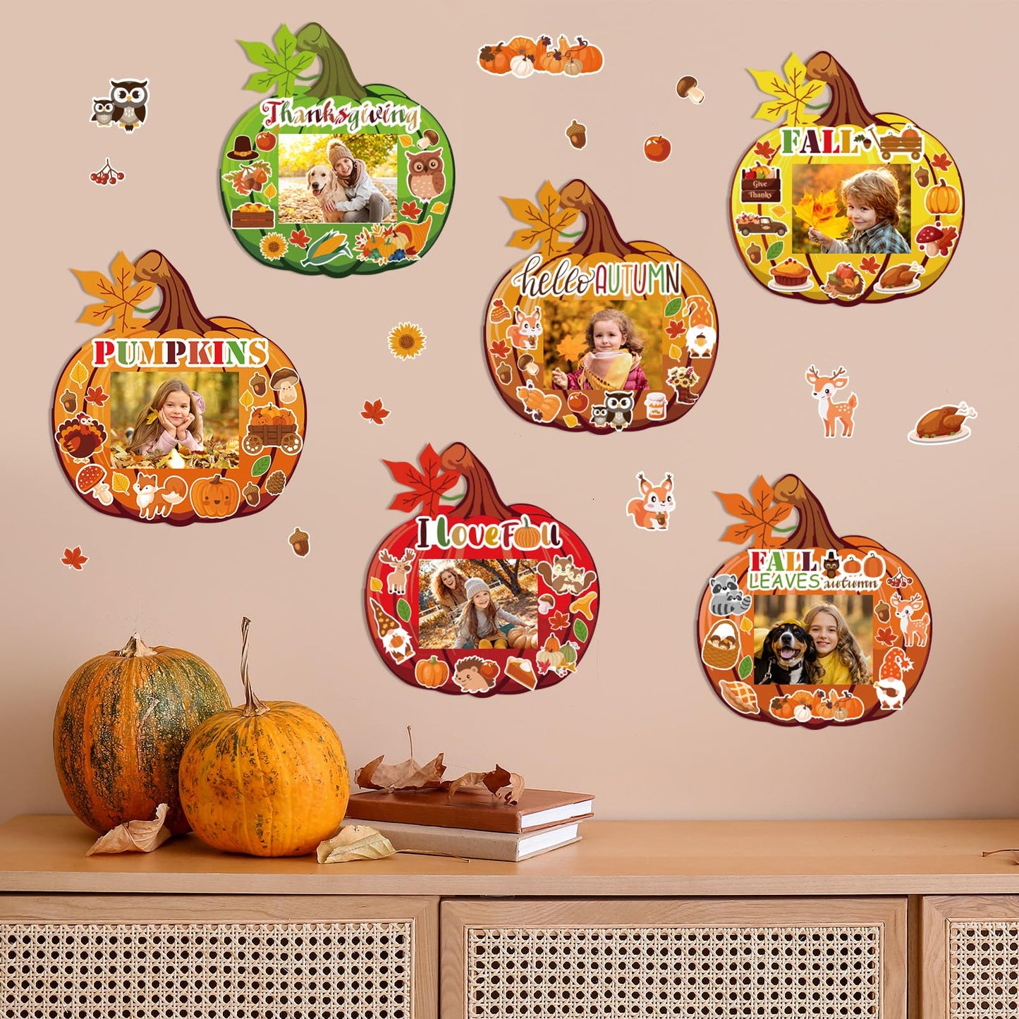 BLSUREFYX 36 Sets Fall DIY Picture Frames Craft Kit 6.8 x 6.3 Inch Autumn Pumpkin Photo Frames Ornaments with Autumn Stickers for Thanksgiving