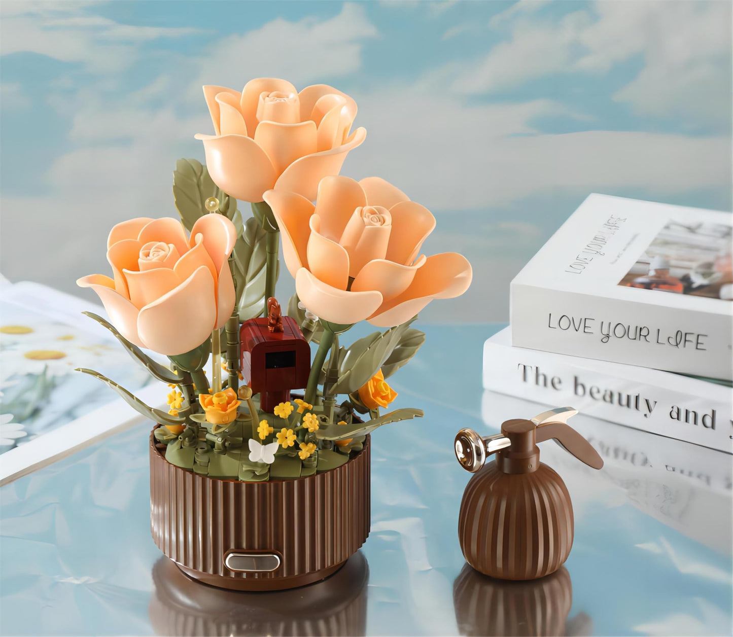 Yushinv Electric Flower Bouquet Building Set with Remote Control Spray-Bottle, 255 PCS,Original Music (Type :Symphony) Motorized Roses Flowers STEM