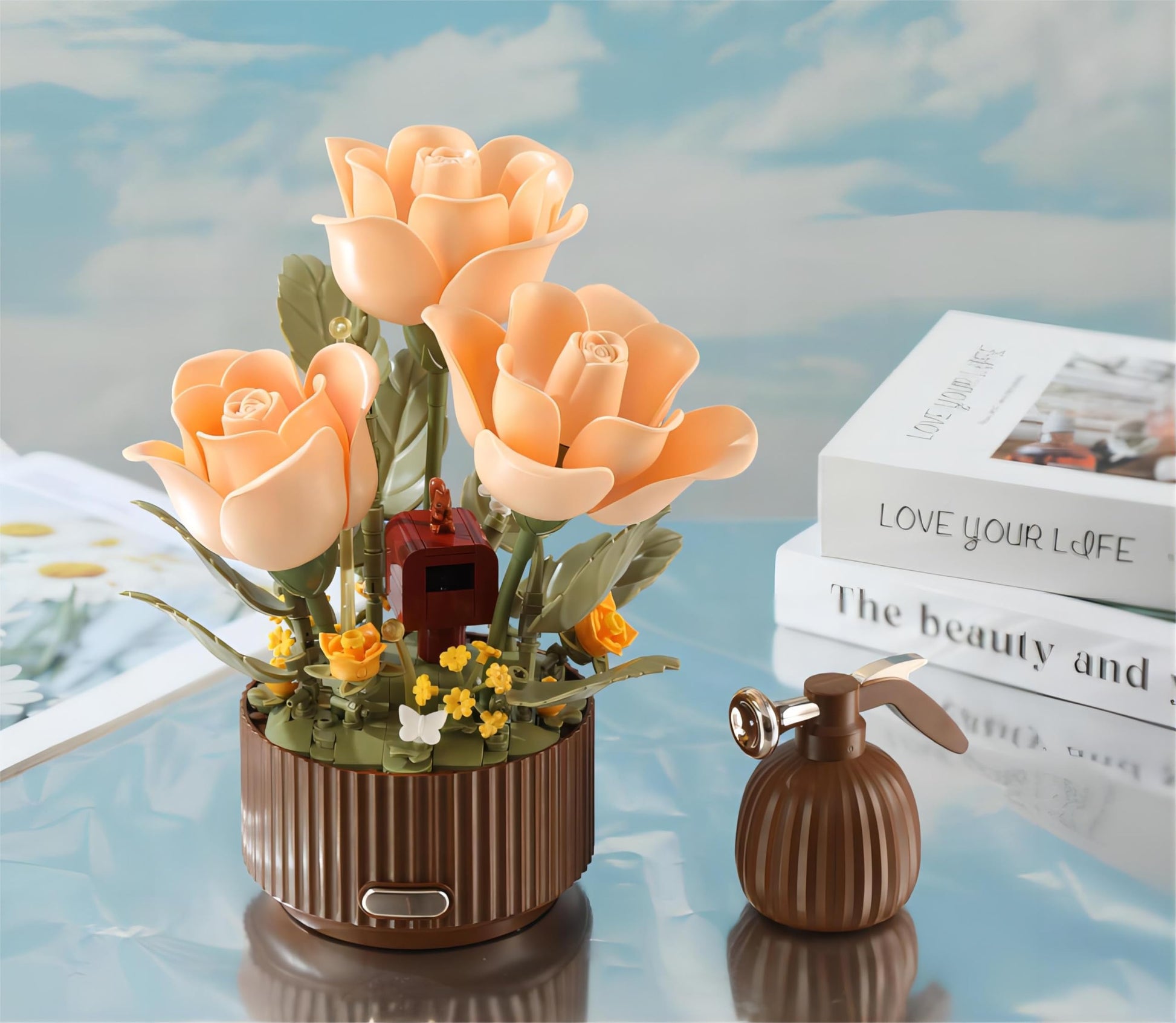 Yushinv Electric Flower Bouquet Building Set with Remote Control Spray-Bottle, 255 PCS,Original Music (Type :Symphony) Motorized Roses Flowers STEM
