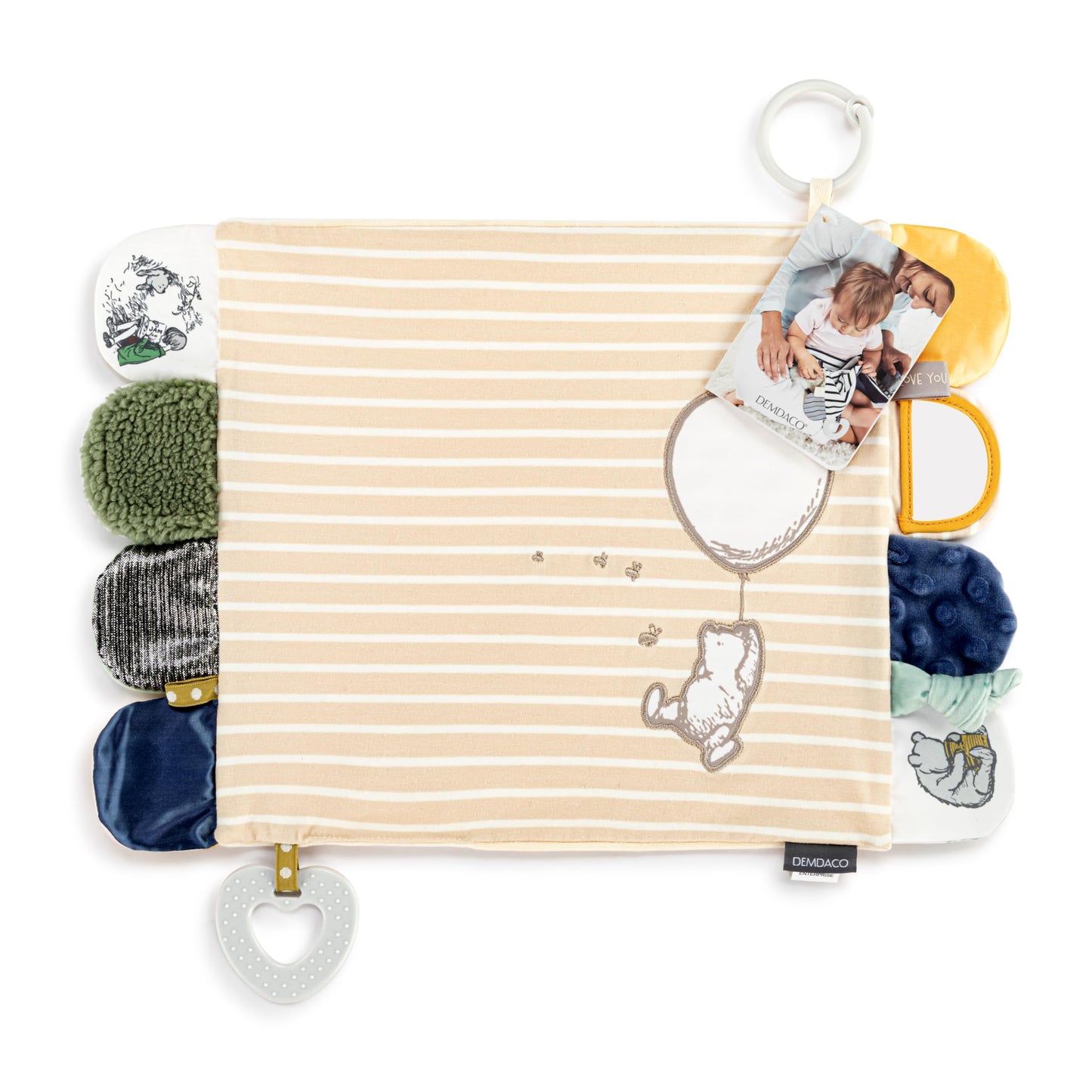 DEMDACO Mommy & Me Neutral Color, 17 x 11.5 Inch Textured Fabric, Teething Ring, Stroller Clip-on, Activity Blanket, Blankie, Tan and White, Pooh