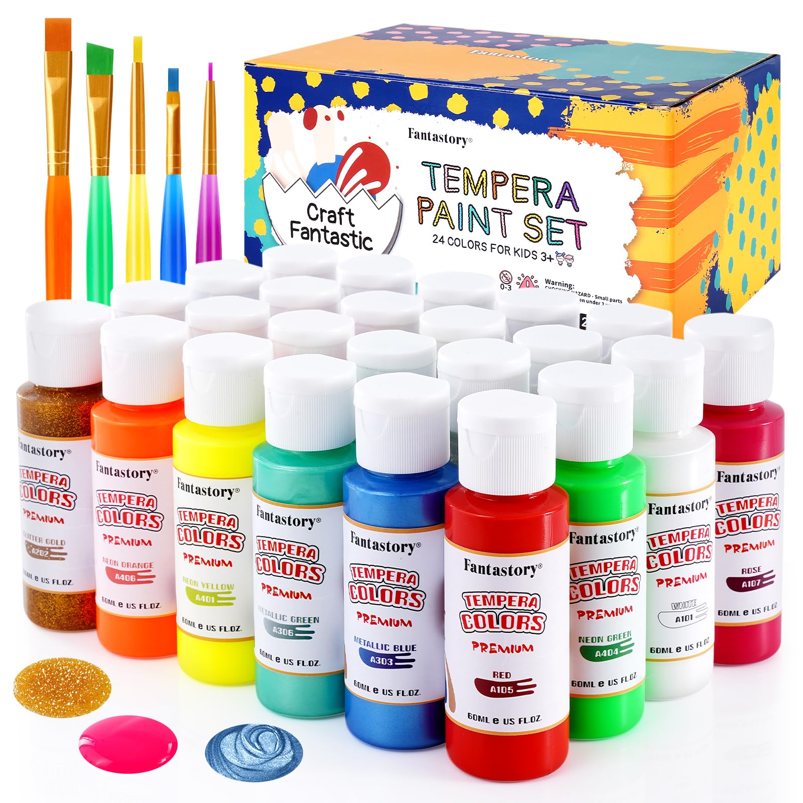 Fantastory Tempera Paint for Kids 24 Colors (2 oz Each) Washable Tempera Paint, Kids Poster Paint Sponge Painting, Non-Toxic Kids Paint Finger Paints