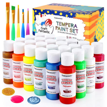 Fantastory Tempera Paint for Kids 24 Colors (2 oz Each) Washable Tempera Paint, Kids Poster Paint Sponge Painting, Non-Toxic Kids Paint Finger Paints