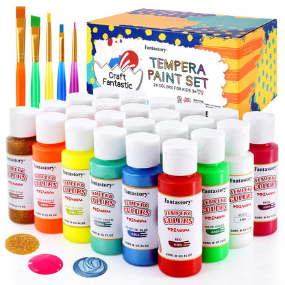Fantastory Tempera Paint for Kids 24 Colors (2 oz Each) Washable Tempera Paint, Kids Poster Paint Sponge Painting, Non-Toxic Kids Paint Finger Paints