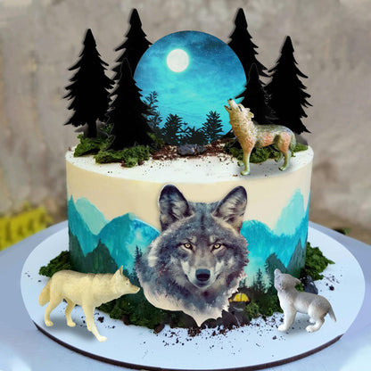 13 PCS Wolf Cake Topper Full Moon Cake Decor with Animal Figurine Wolf Themed Wedding Birthday Cake Decorations (Gray)