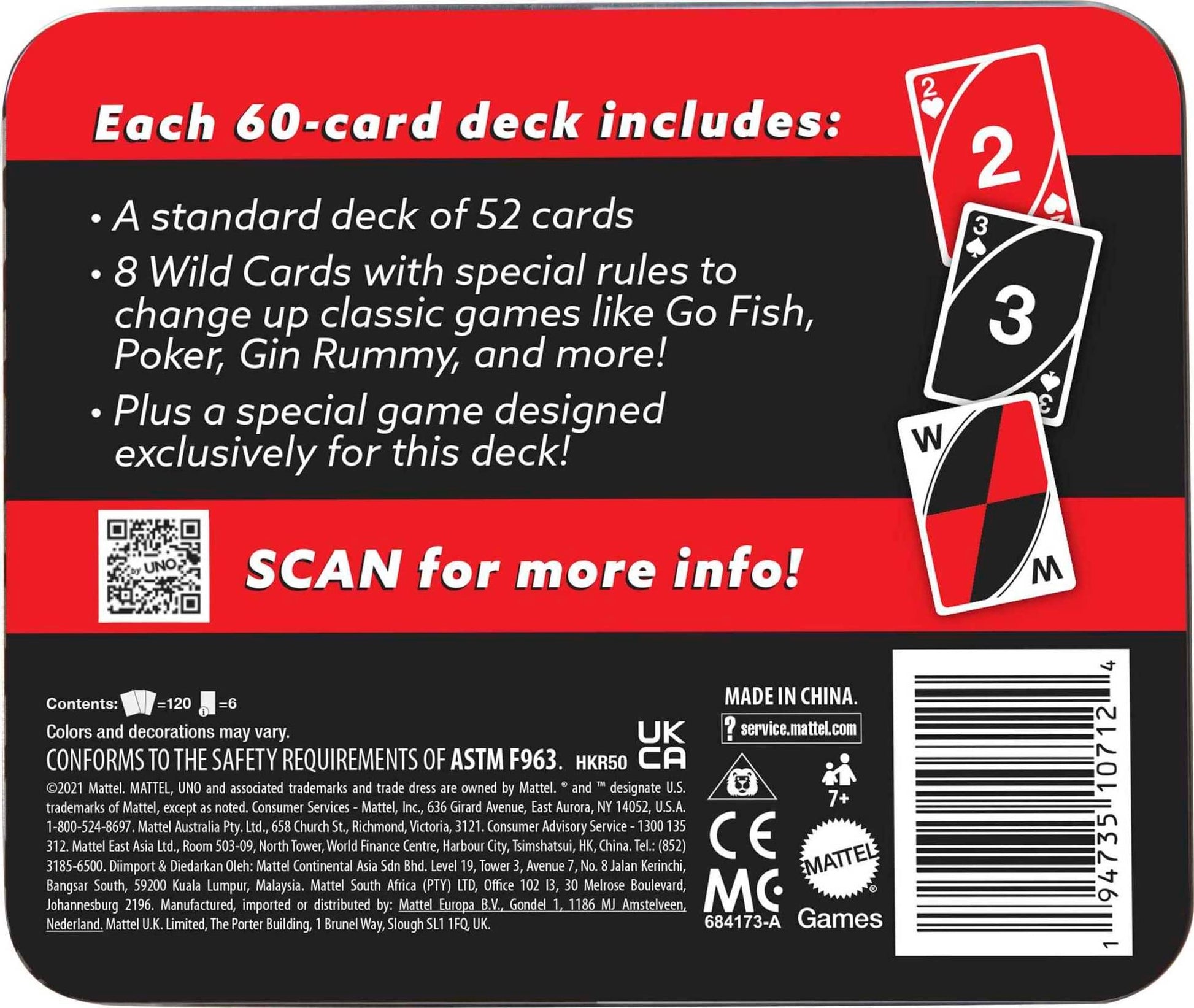 Mattel Games Wild Twists Playing Cards by UNO Brand, 2 Sets of Standard 52-Card Deck Plus 8 Special Wild Cards in Storage Tin