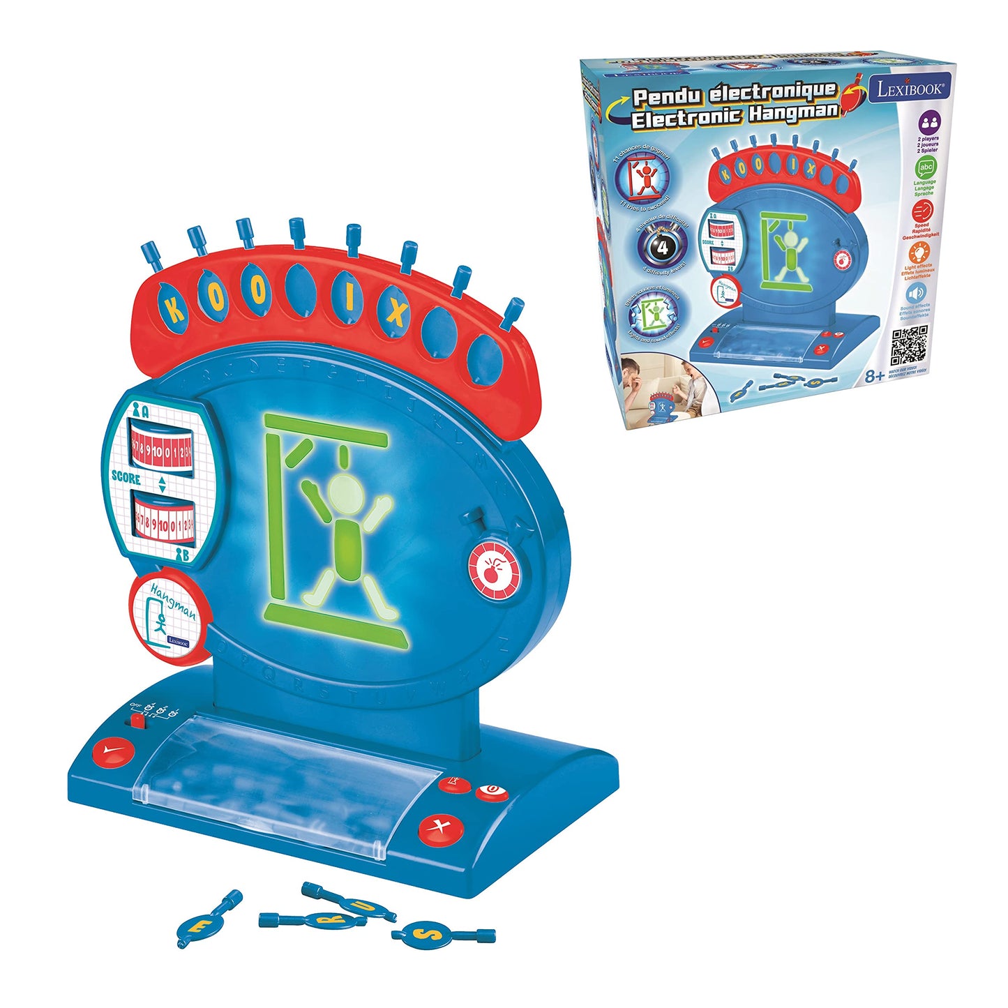 LEXiBOOK Electronic Hangman Game, Child and Family Board Game, Spelling and Vocabulary, Light and Sound Effects, 2 Players, Blue/red, JG800
