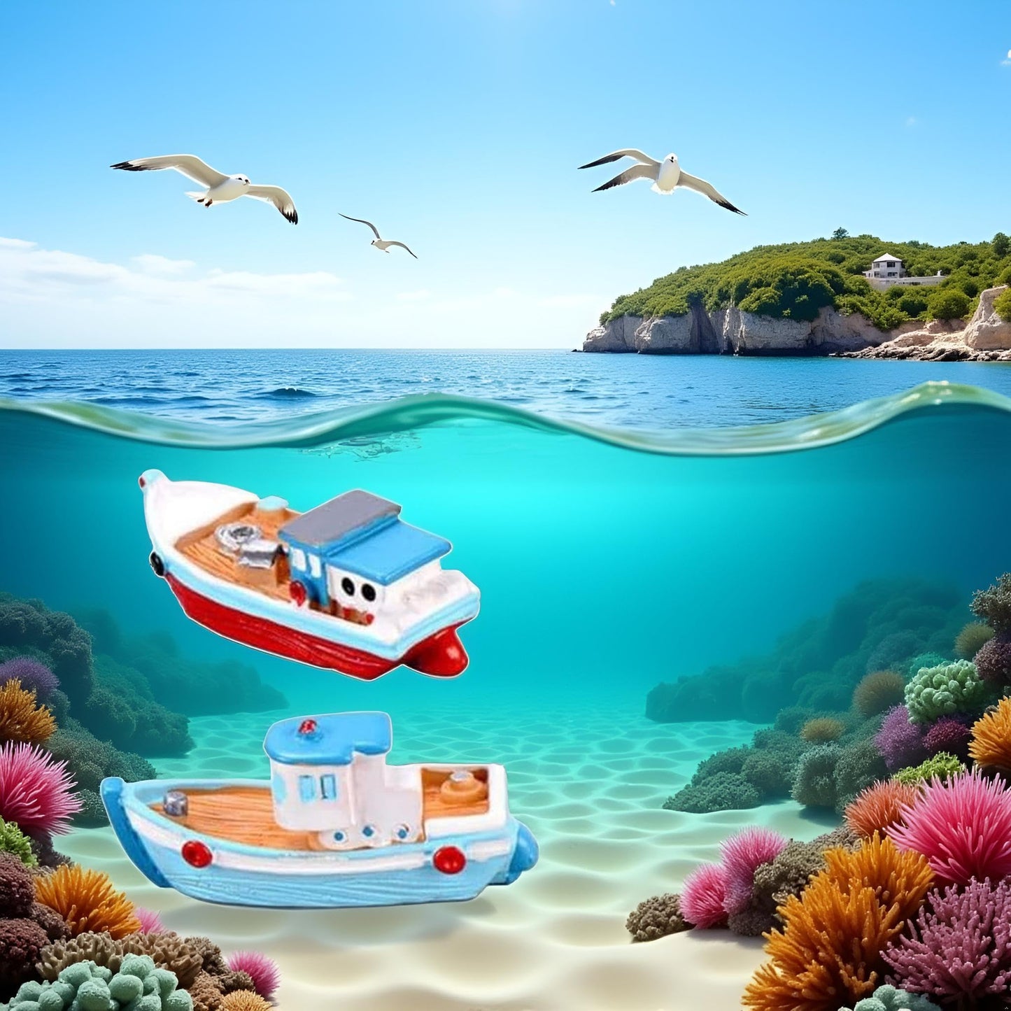Jinshining 2Pcs Miniature Dollhouse Boat Mini Fishing Boat,Yacht Model Mediterranean Decor Resin Desktop Boats Figurines Ornament Ocean Beach Micro