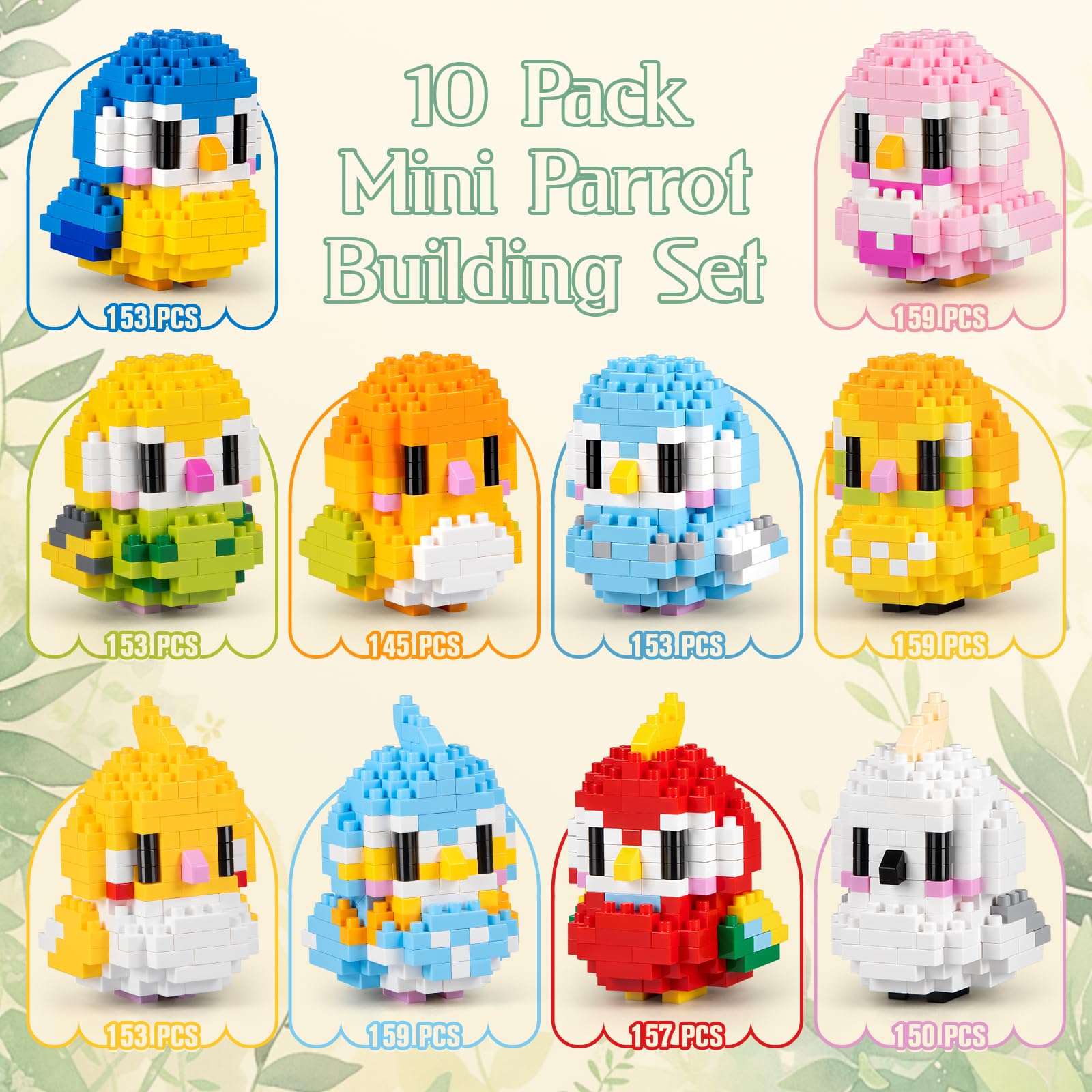 IBLOTIME Micro Parrot Building Sets Easter 10 Pack Mini Bird Animal Brick Kits Creative Micro Bricks Display Gift Christmas Birthday Ages 14+