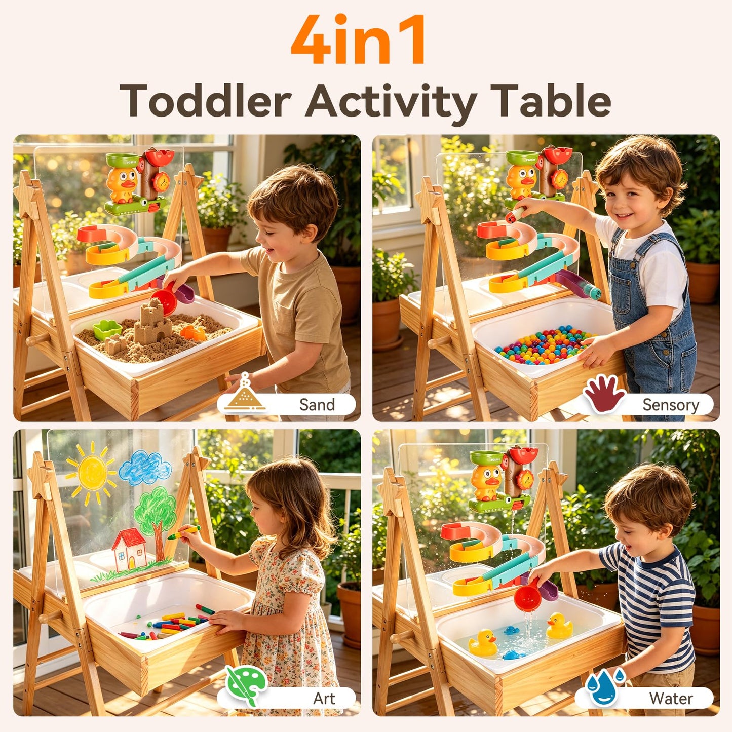 4in1 Water Table for Toddlers 1-3,Wooden Sensory Table & Sand Table for Kids,Indoor Outdoor Toddler Water Table with Slide Track Toys,3 Basins,Acrylic