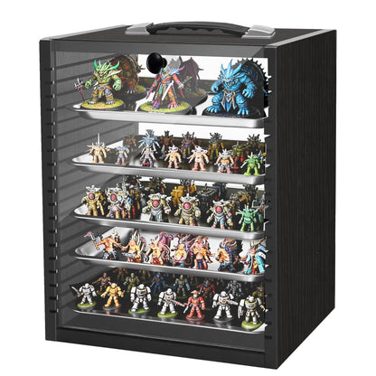 Miniature Storage Case for Collectibles Miniatures, Wooden Miniature Display Cases with 5 Trays, Transparent Front and Back for Better Display