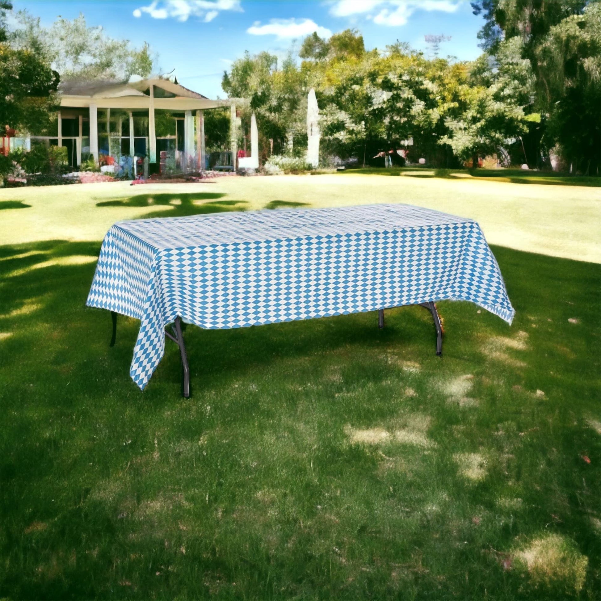 Oojami Oktoberfest Decorations Set - 3 Large 54" x 108" Blue and White Checkered Tablecloths for 8-Chair Tables & Oktoberfest Banner, Bavarian German