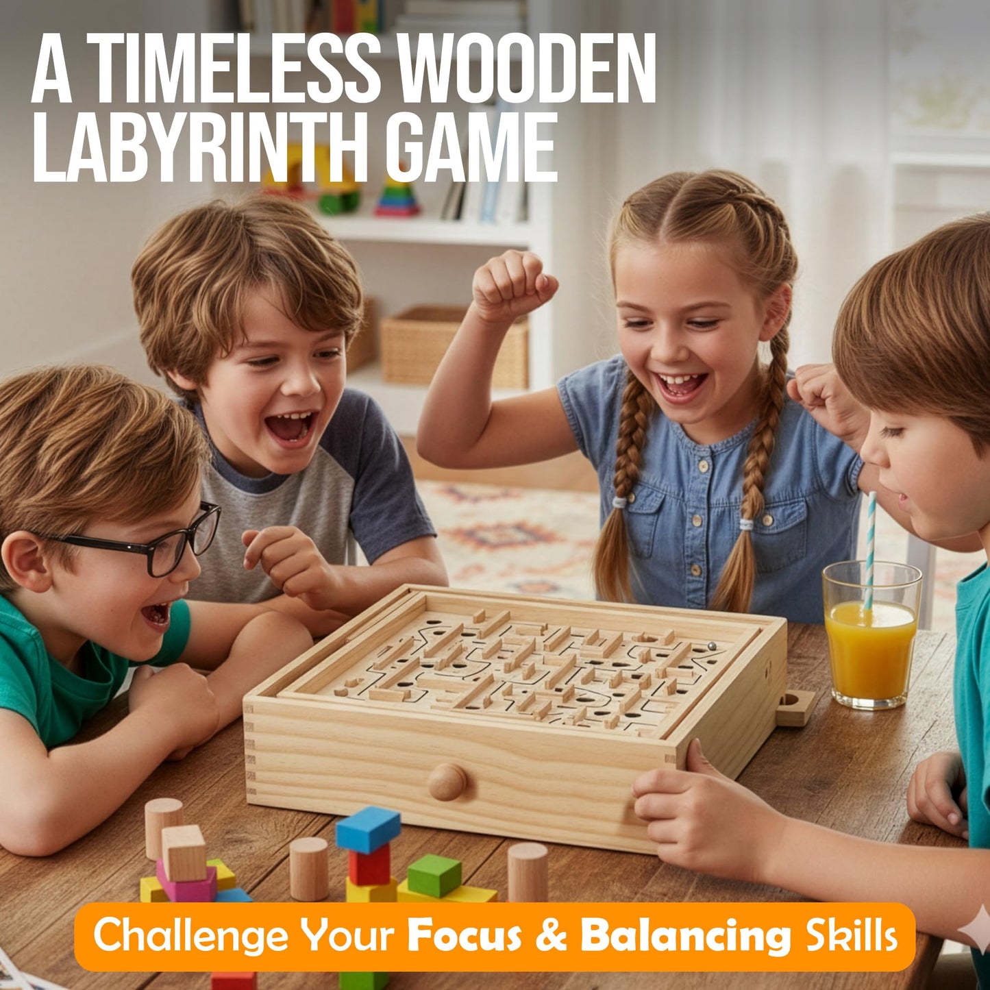 STERLING Wooden Labyrinth Marble Maze Game, Large 12.75" x 11.5" Tilt Maze Game Board with 60 Waypoints and Marble Balls Included, for Kids and Adults