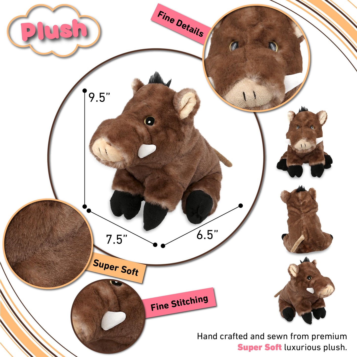 Puzzled DolliBu Plush Wild Boar Stuffed Animal - Soft Huggable Wild Boar, Adorable Playtime Wild Boar Plush Toy, Cute Wild Life Cuddle Gifts for Kids